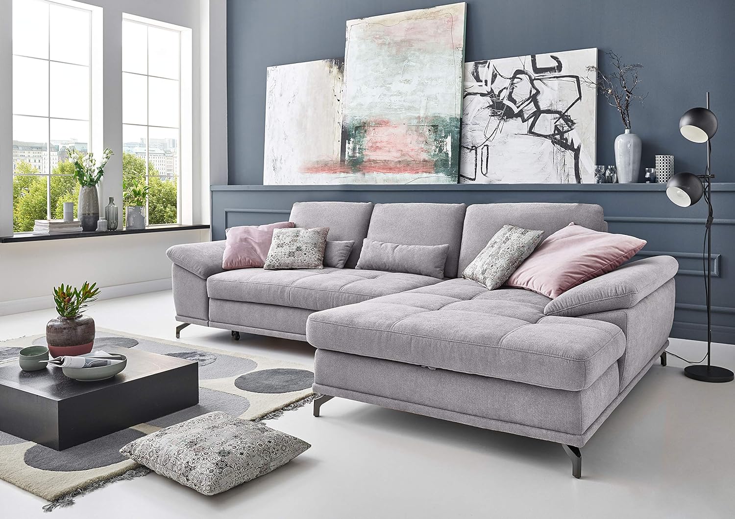 Cavadore Ecksofa Castiel mit Federkern / Großes Sofa in L-Form mit Sitztiefenverstellung und XL-Longchair / 312 x 89 x 173 / Webstoff, Hellgrau