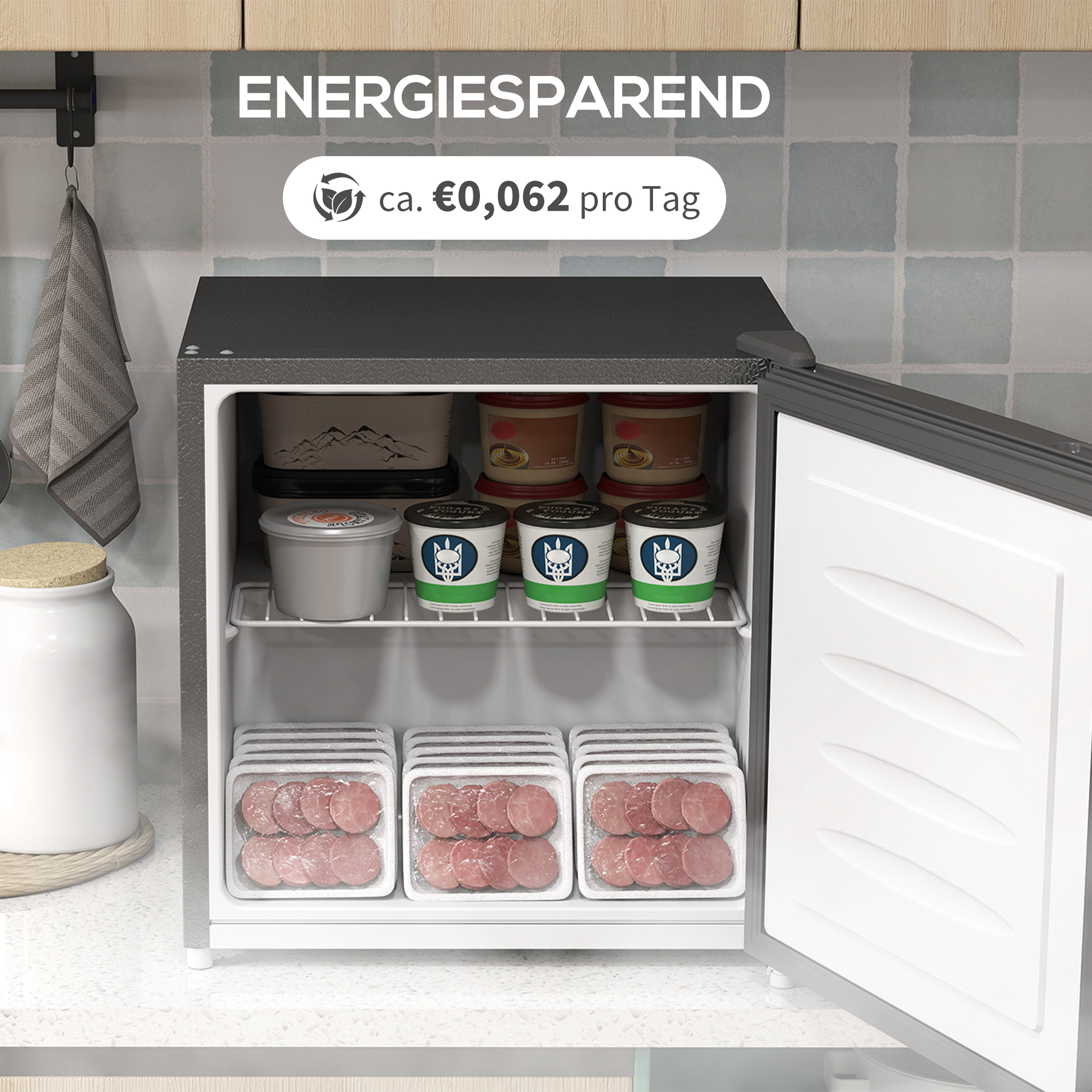 HOMCOM Mini-Vriezer 35 L, Electrische Vriesbox, Vrijstaand 161W, Mini Diepvrieskist 47 x 44,2 x 48,8 cm, Grijs