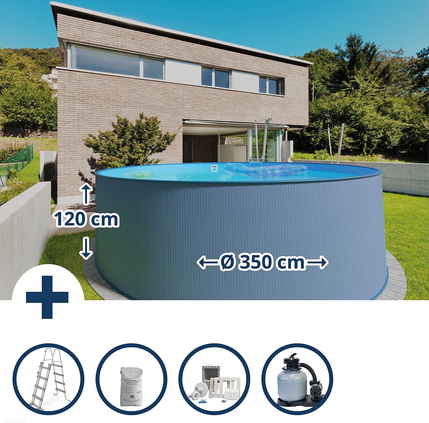Planet Pool Stahlwandpool Set (5-teilig) rund 350x120 cm, Stahl 0,4 mm anthrazit, Folie 0,4 mm blau, Einhängebiese