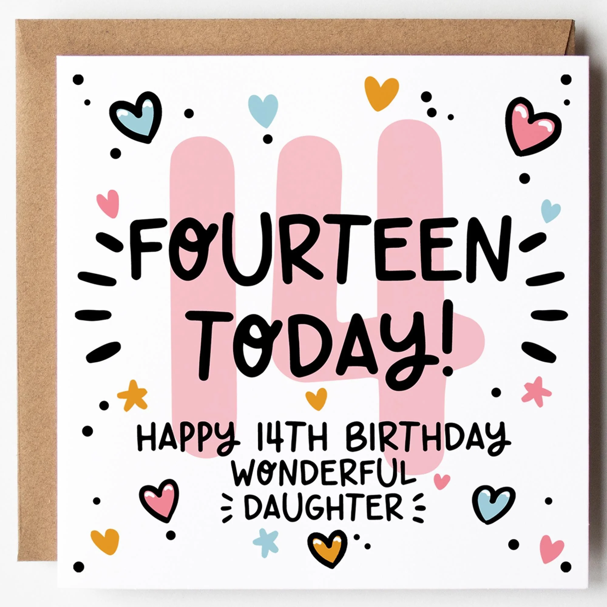 Daughter 14th Birthday Card; Fourteen Today, with Kraft Envelope