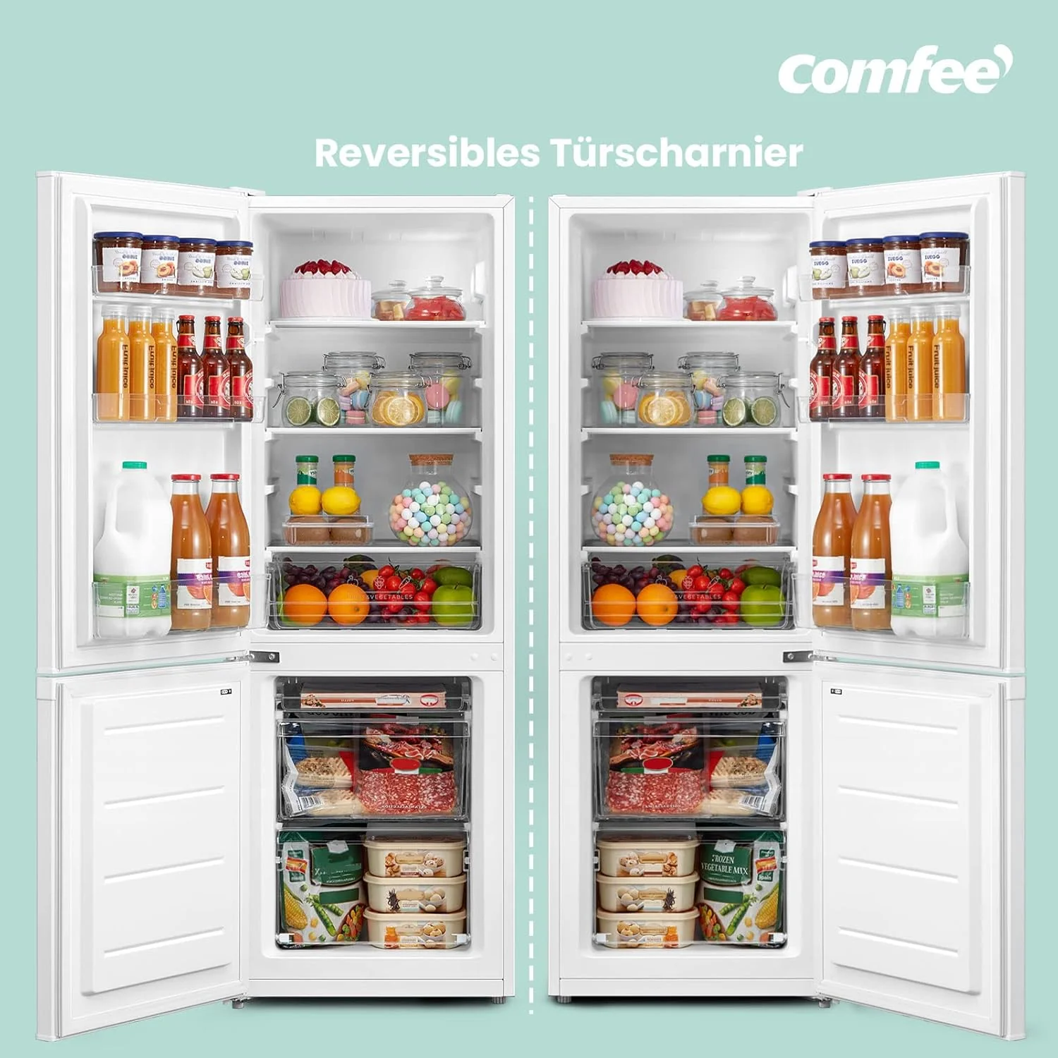 Comfee' RCB169DK3 Kühlschrank mit Gefrierfach 150cm Höhe/Kühl-/Gefrierkombination/Low Frost/174L/leise Kühlgefrierkombi 38dB/Einstellbare Kühlschranktemperatur/LED-Licht/156 kWh/Jahr/Schwarz