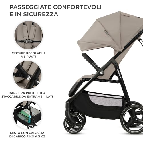 Kinderkraft TRIG 3 Passeggino Leggero, Pieghevole, Posizione Distesa, Posizione Reclinata, Sospensione 4 Ruote, Cinture di sicurezza a 5 punti, Bambini, Fino a 25 kg, Beige : Prima infanzia
