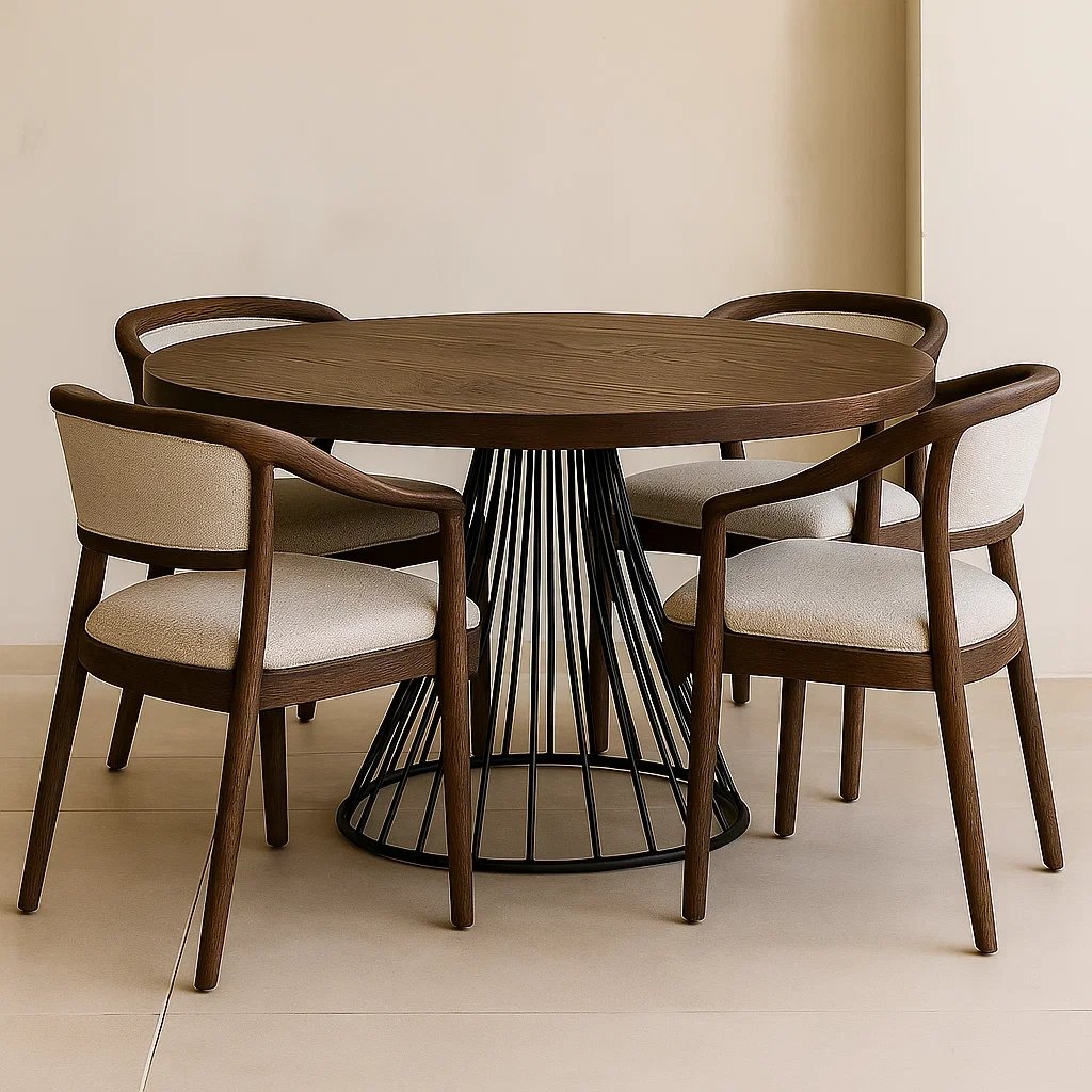 Spisest, 4 sder, tr og metal, brun og beige, rund, med polstrede stole, diameter 120x75 cm, spisestue - R4dmUIsdOpka