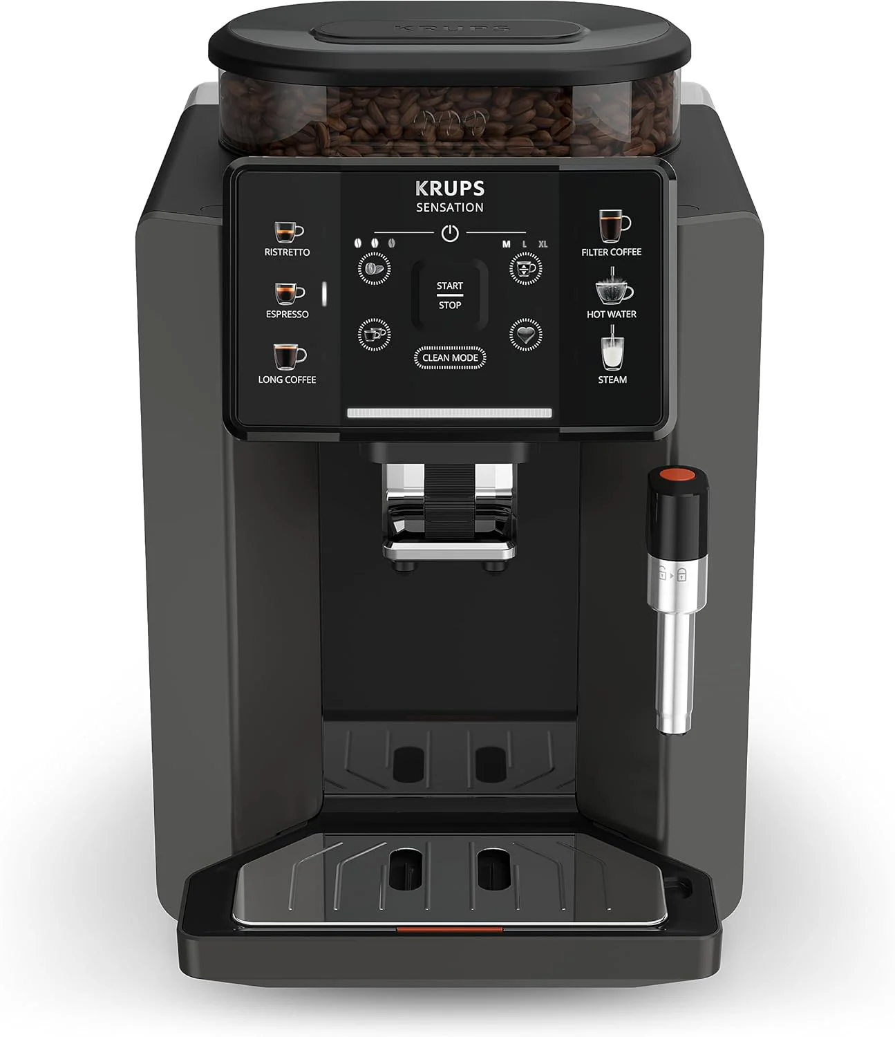 Krups Sensation Kaffeevollautomat, Milchschaumdüse, 5 Getränke, Filterkaffee-Funktion, 2-Tassen-Funktion, Kaffeemaschine, Schwarz, EA910810