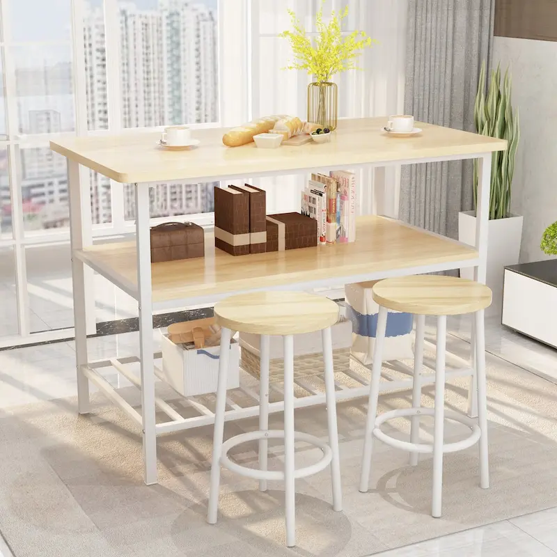 Kitchen Island with 2 Stools and Open Shelves
