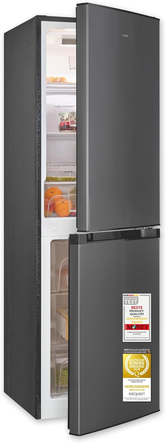 Exquisit Kühl-Gefrierkombination No Frost 193 l – KGC5195 | No-Frost, LED, elektronische Temperaturregelung, Inoxlook, 160 x 51 x 61 cm, Energieklasse E