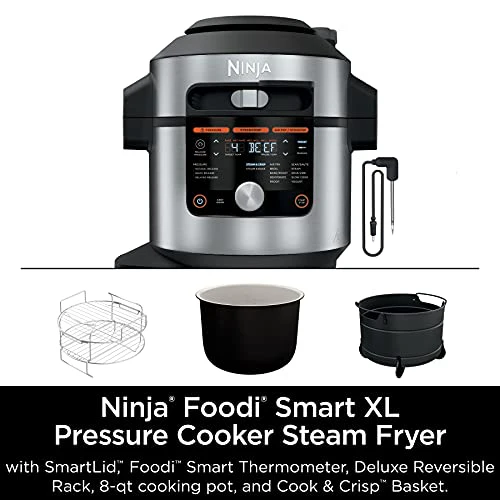 Ninja OL701 Foodi 14 in 1 SMART XL 8 Qt. Pressure Cooker Steam Fryer with SmartLid & Thermometer Auto Steam Release, that Air Fries, Proofs & More, 3 Layer Capacity, 5 Qt. Crisp Basket, Silver/Black