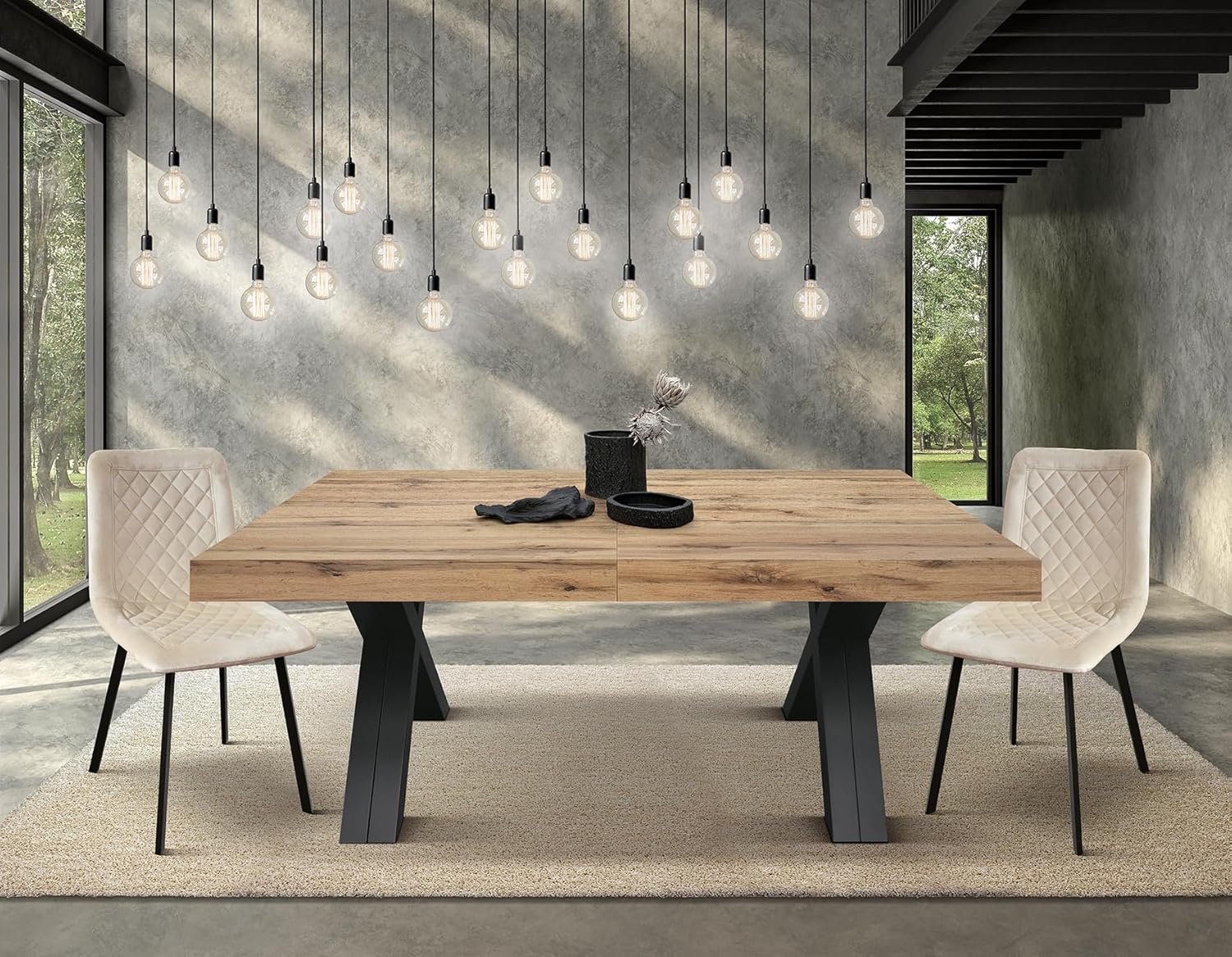 PAZZO DESIGN Ausziehbarer Tisch Roberta, Wohnzimmertisch, Küchentisch, rustische Eiche, schwarze X-förmige Beine, von 180 bis 480 cm, hergestellt in Italien - id_2005