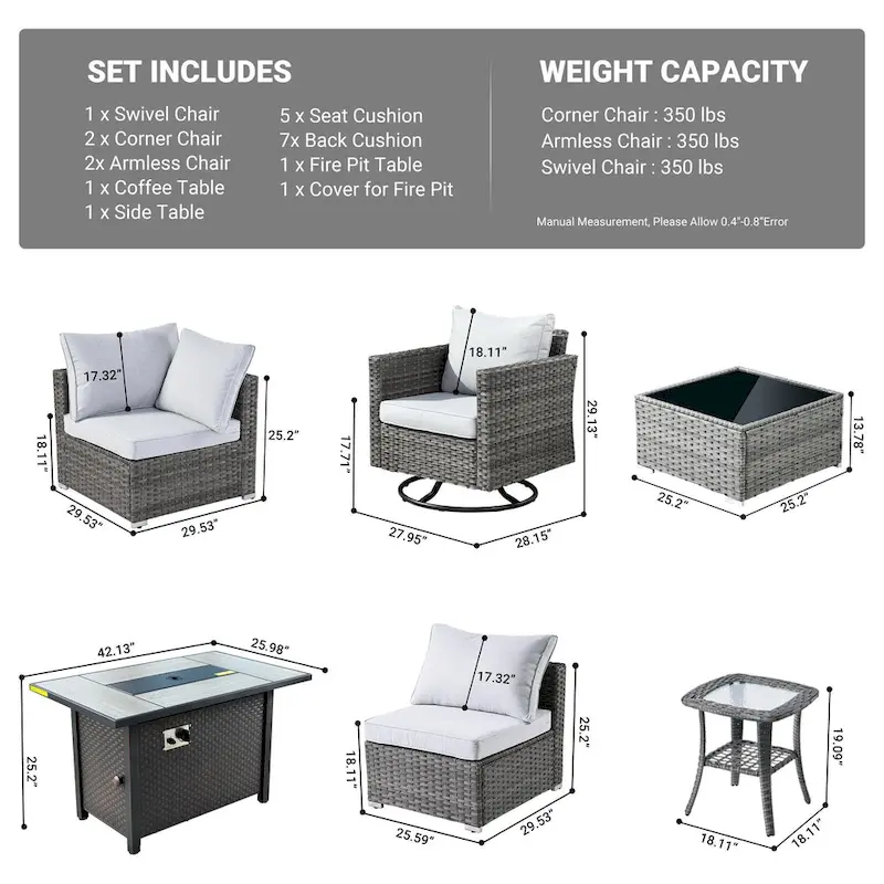 HOOOWOOO 8-piece Rattan Wicker Patio Furniture Set with Fire Pit