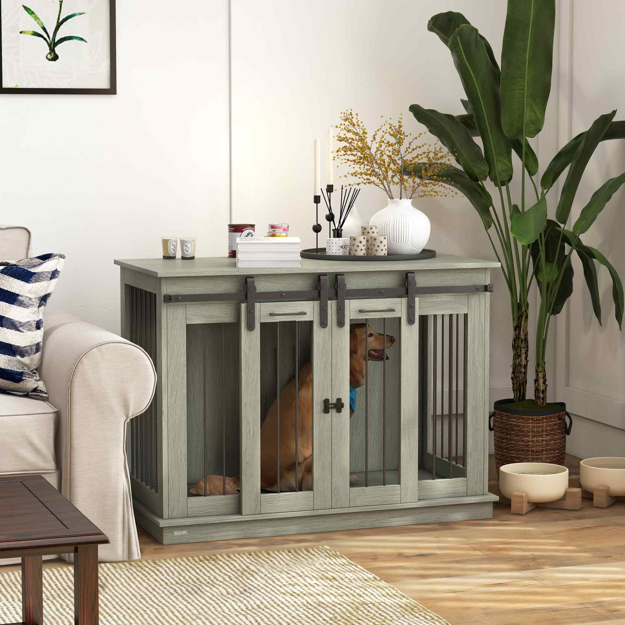 PawHut Hondenkooi met 2 Deuren, Hondenbox, Transportbox voor Honden, Landelijk Design, Vergrendelbaar, Grijs