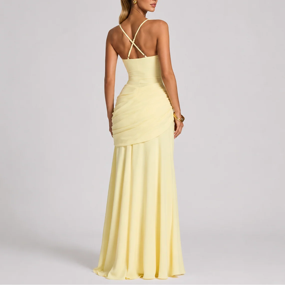 Women��s Maxi Evening Dress with Ruched Waist and Square Neckline