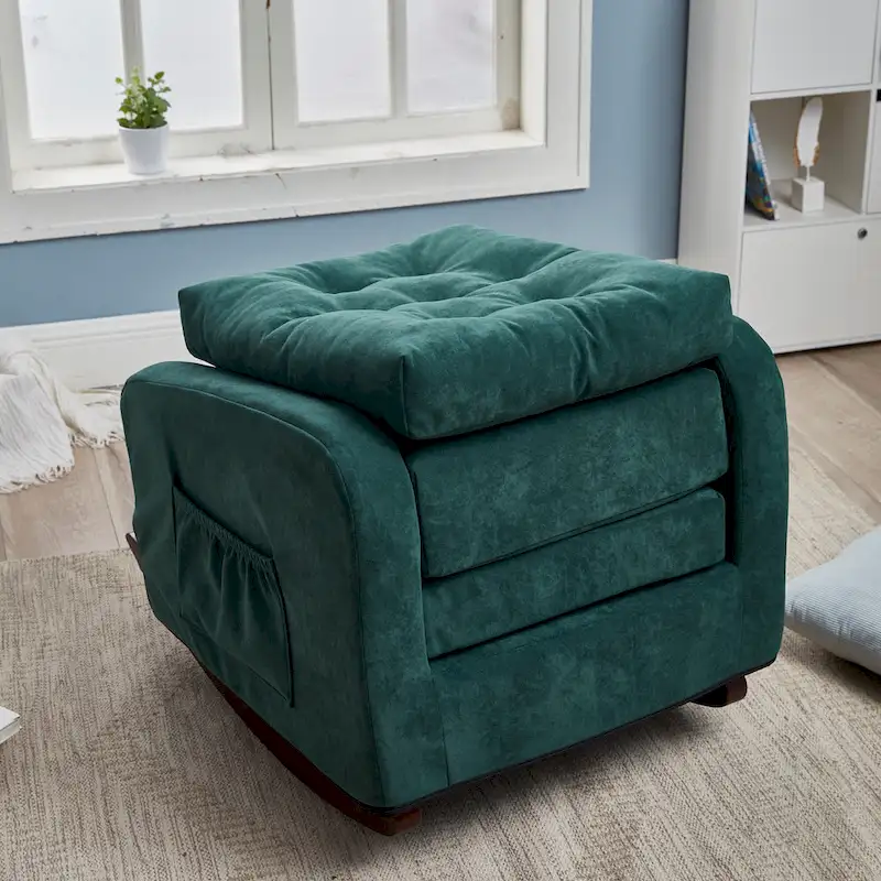 Modern 28.74 High Back Upholstered Buttons Tufted Rocking Chair with Solid Wood Legs and Side Pocket