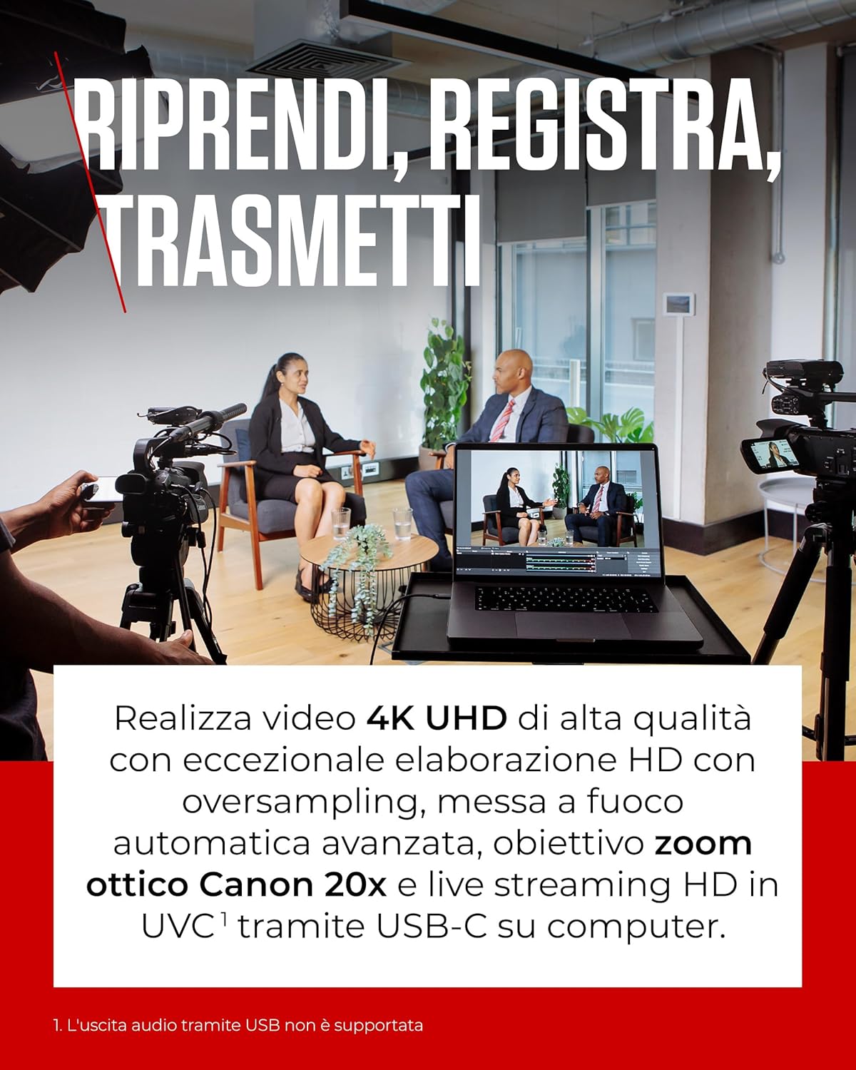 Canon XA60 - Videocamera 4K Professionale con Messa a Fuoco Automatica, Zoom Ottico 20x, Stabilizzazione a 5 Assi, Uscita HDMI e Streaming Live HD via USB-C