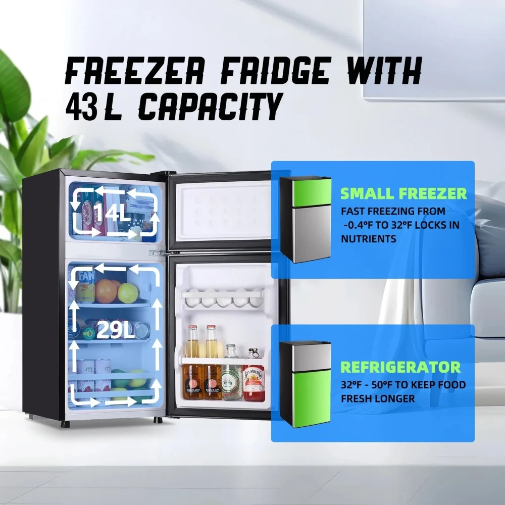 TACOOL Mini Refrigerator with Top Freezer 43 Liter Dual Door Small Refrigerator with 7-Level Adjustable Thermostat for Office,Silver