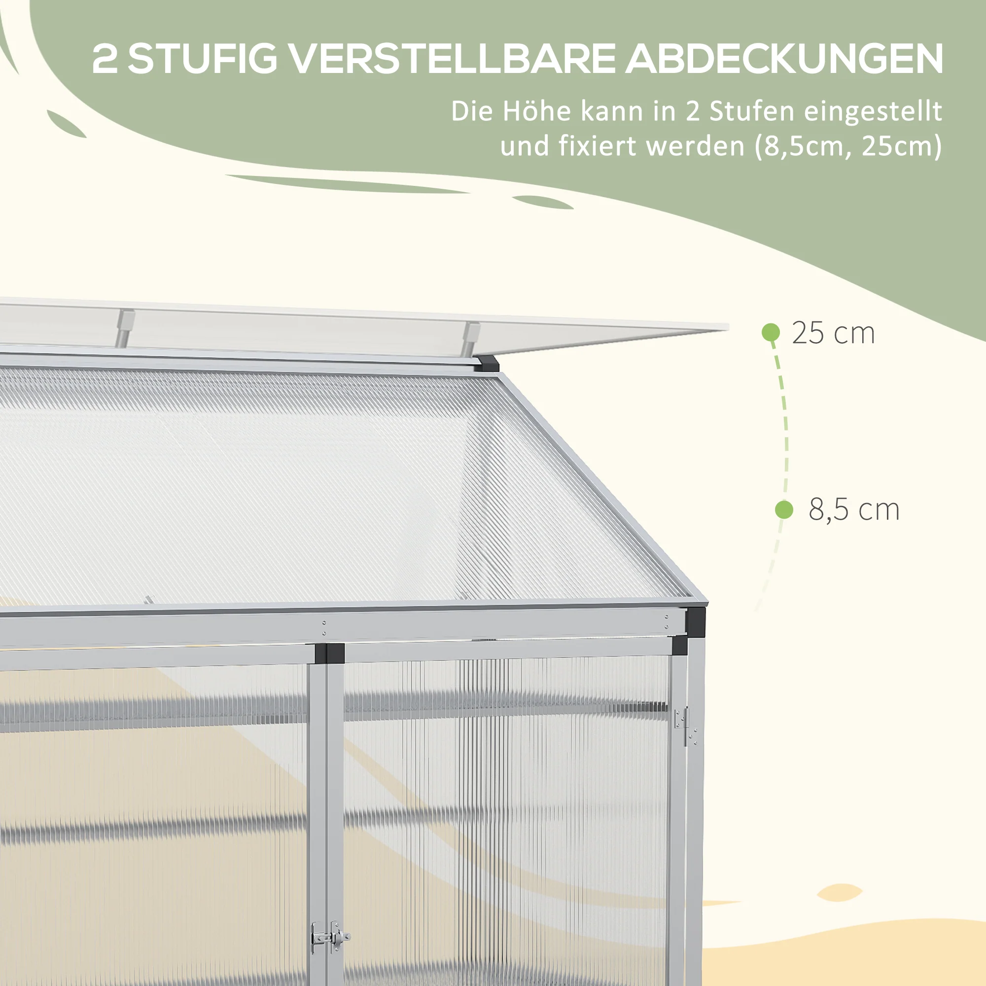 Outsunny serre met funderingsframe, behuizing van polycarbonaat, 2 planken, aluminium frame, 131 x 58 x 139,5 cm