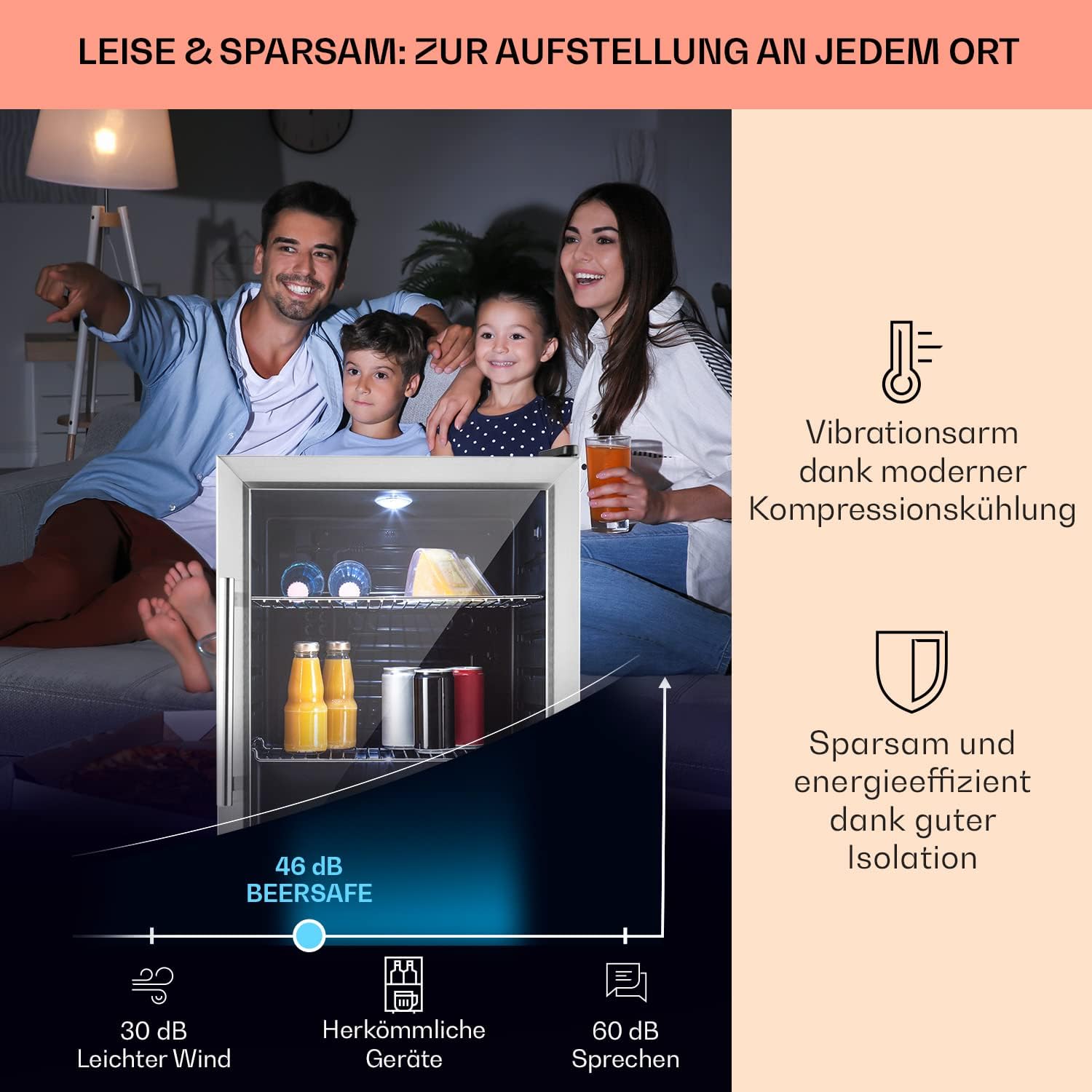 Klarstein Mini Kühlschrank mit Glastür für Zimmer, Getrnkekühlschrank mit Verstellbaren Ablagen, Kleiner 80 Liter, Indoor/Outdoor Kühlschrank Leise