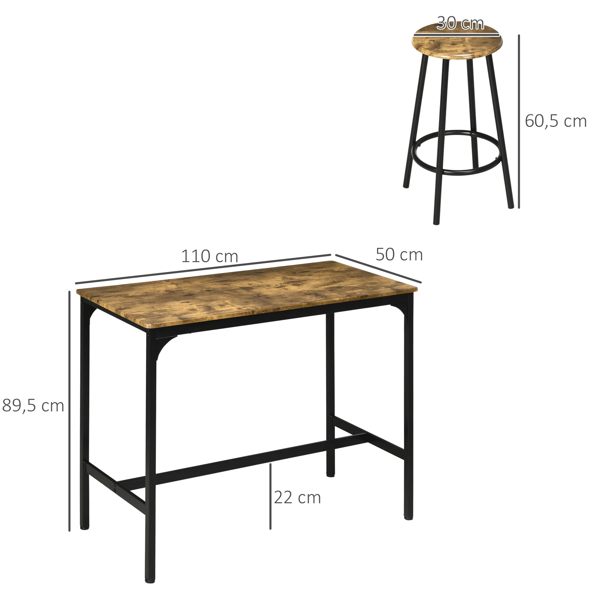 HOMCOM 5-delig. Bartafelset met industrieel design, 1 bartafel, 4 barkrukken, bankstel, aanrecht, zwart+bruin