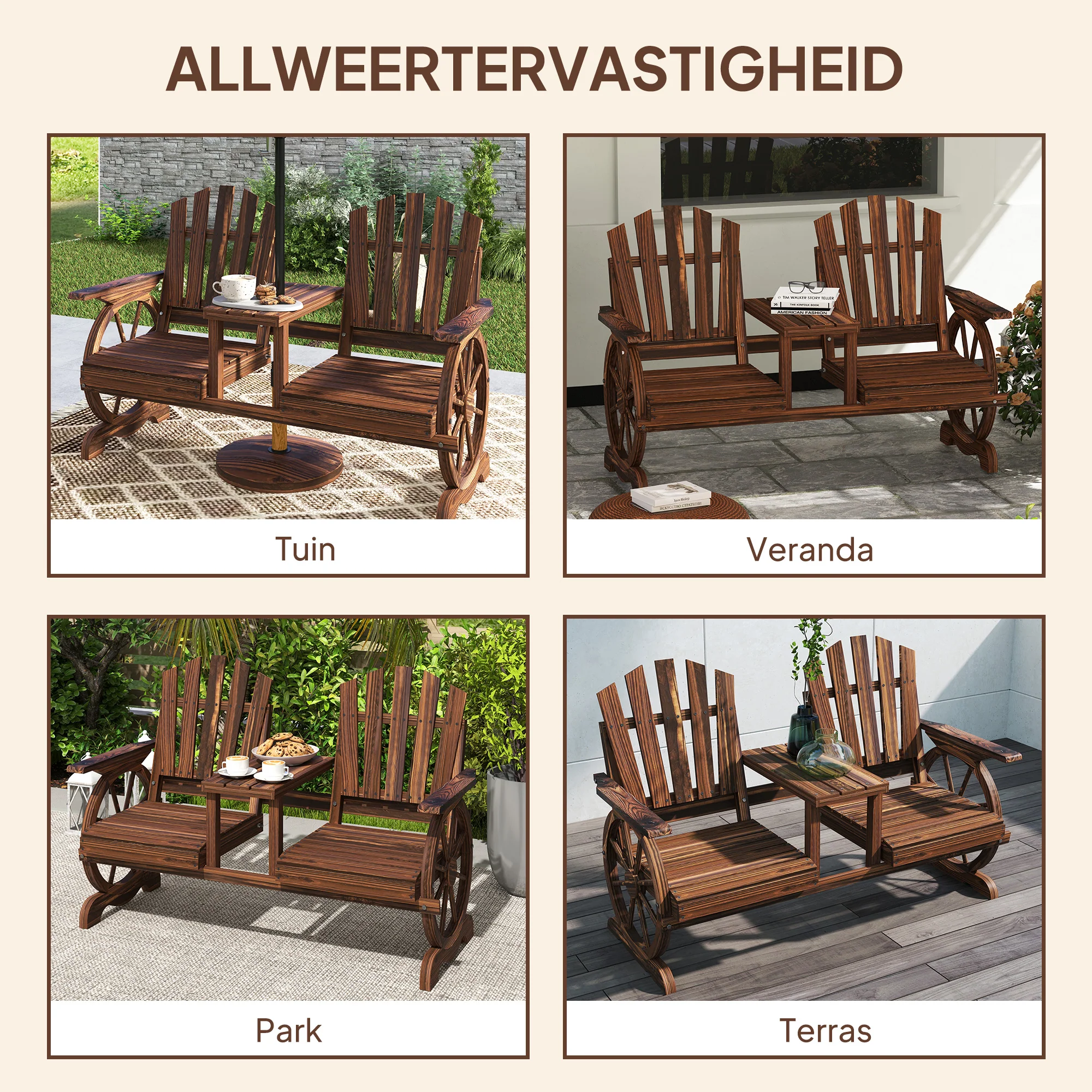 Outsunny Weerbestendige 2-Zits Houten Tuinbank met Paraplugat en Wagenwielpoten, 154 x 65 x 102 cm, Verkoolt