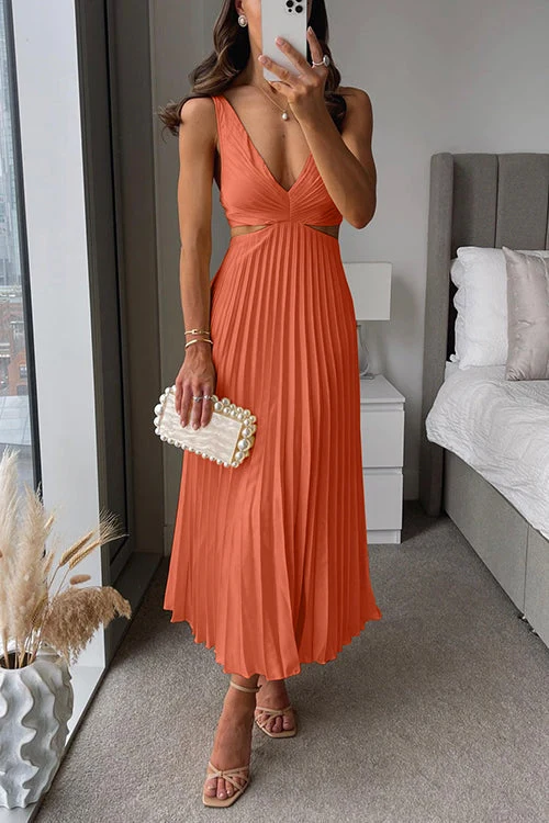 Women��s Pleated Maxi Dress Elegant V-Neck Sleeveless Style