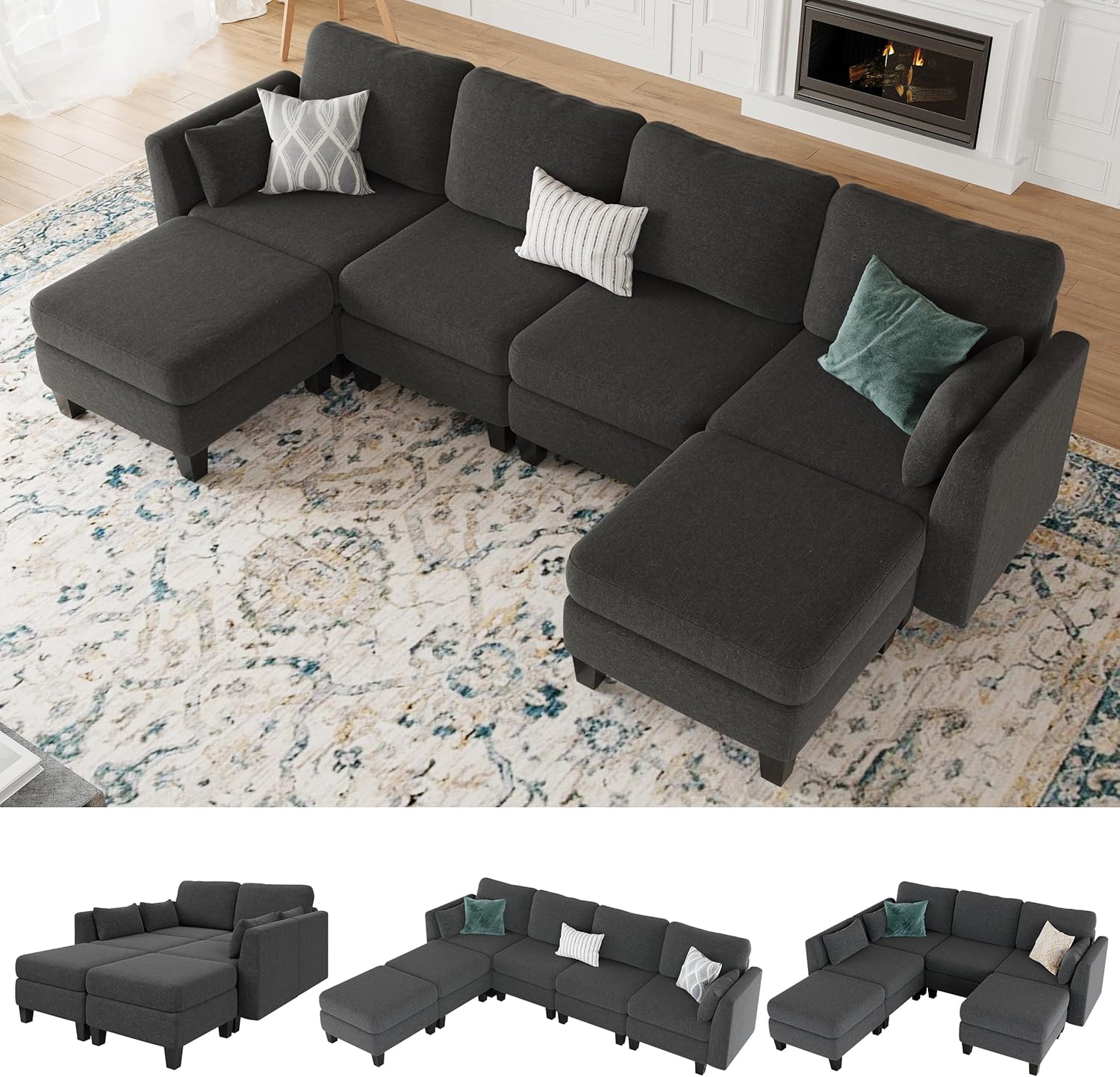 Modular Sectional Sofa, Convertible U Shaped Sofa Couch with High Density Memory Foam, 6 Seat Comfy Modular Sofa Couch for Living Room, Modern U Shaped Sectional Sofa, Dimgrey