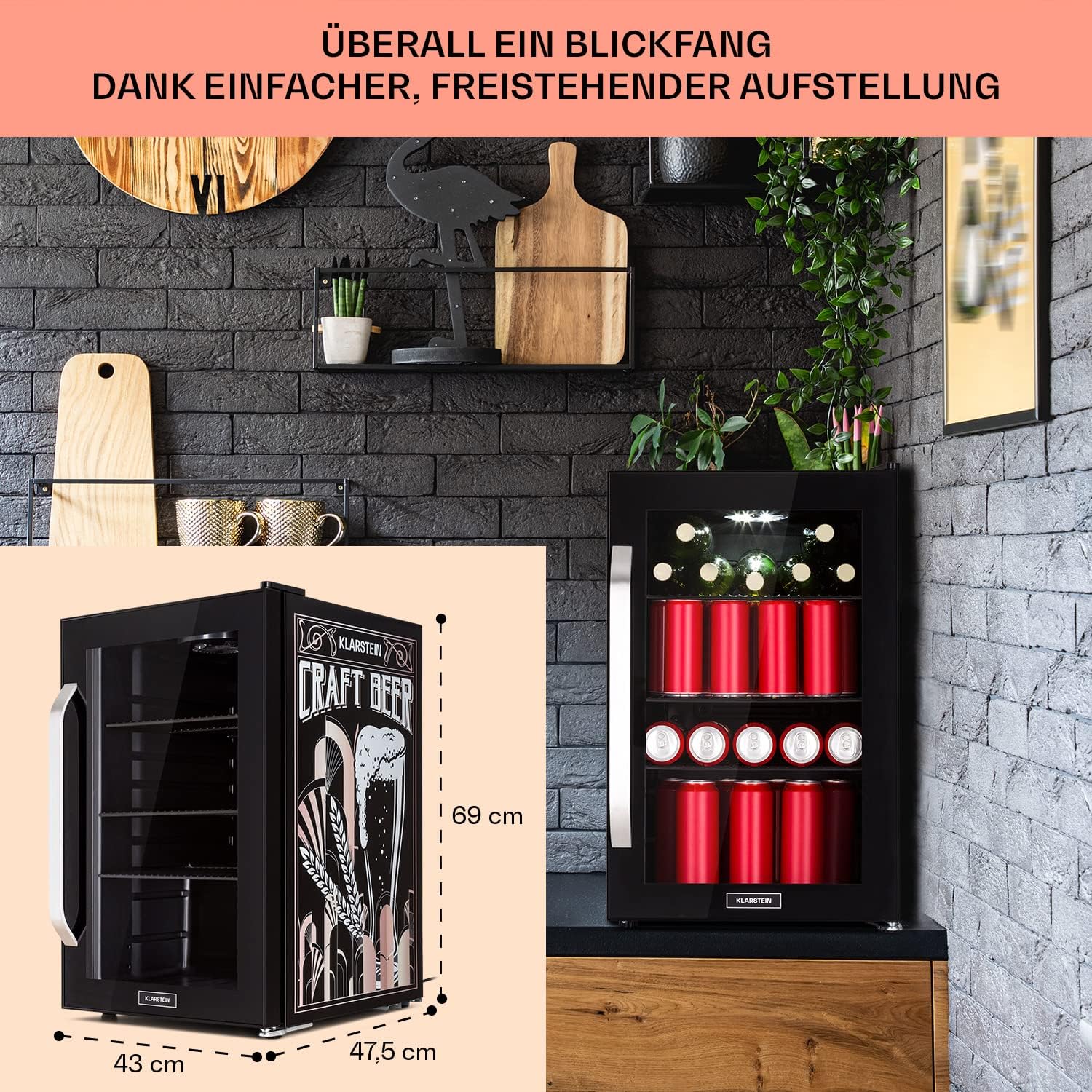 Klarstein Kühlschrank 70L, Kleiner Kühlschrank mit Herausnehmbaren Ablagen, Leiser Mini Kühlschrank mit Glastür & LED, Getränkekühlschrank Klein, Outdoor Geeignet, Biersafe für Flaschen, 0-10°C