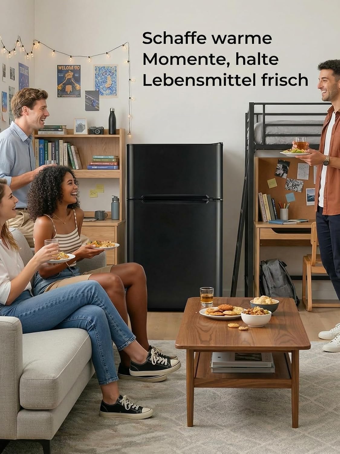 FOHERE Mini Kühlschrank mit Gefrierfach Klein 90L, 26 L Gefrierfach | 64 L Kühlschrank für Schlafzimmer, 7-Stufen Thermostat, Energieeffizien, 43 dB mit 2 Wechselbare Tür, für Wohnheime, Wohnungen