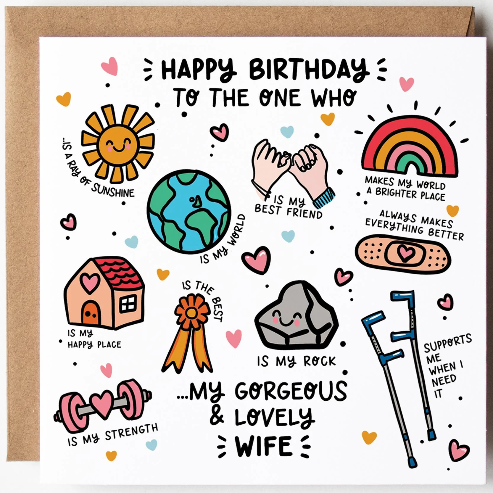Wife Birthday Card: Happy Birthday Wife with Kraft Envelope