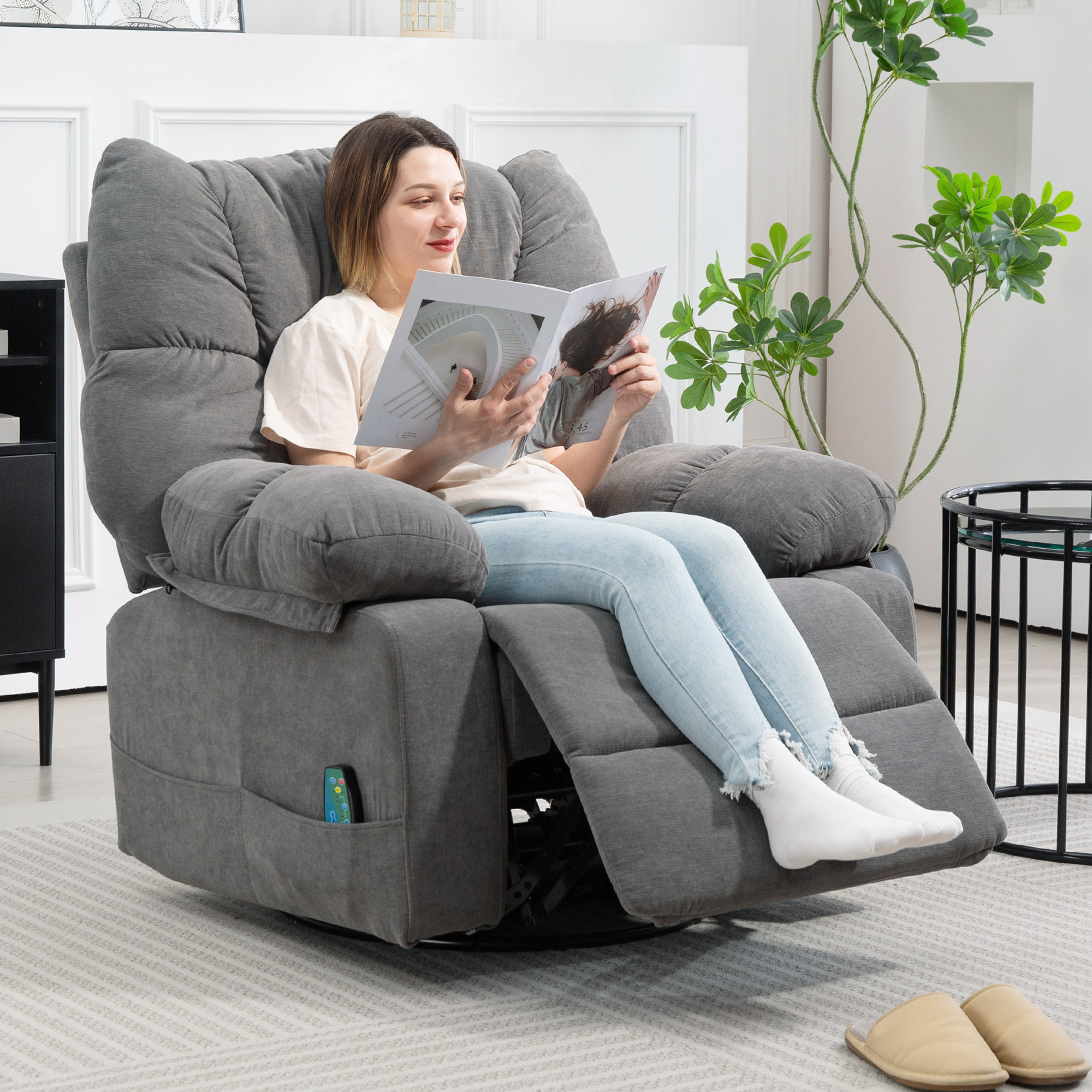 HOMCOM Relaxstoel met Massage- en Ligfunctie, Draaibare Massagestoel, 4 zijzakken en Afstandsbediening, Donkergrijs