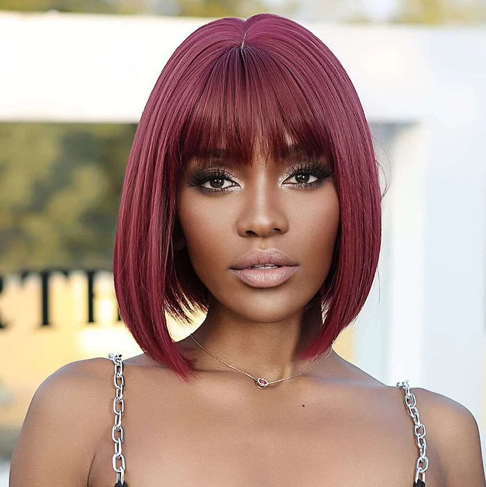99j Burgundy Red Colored Full Machine Made Wig Straight Human Hair Bob Wig With Bangs