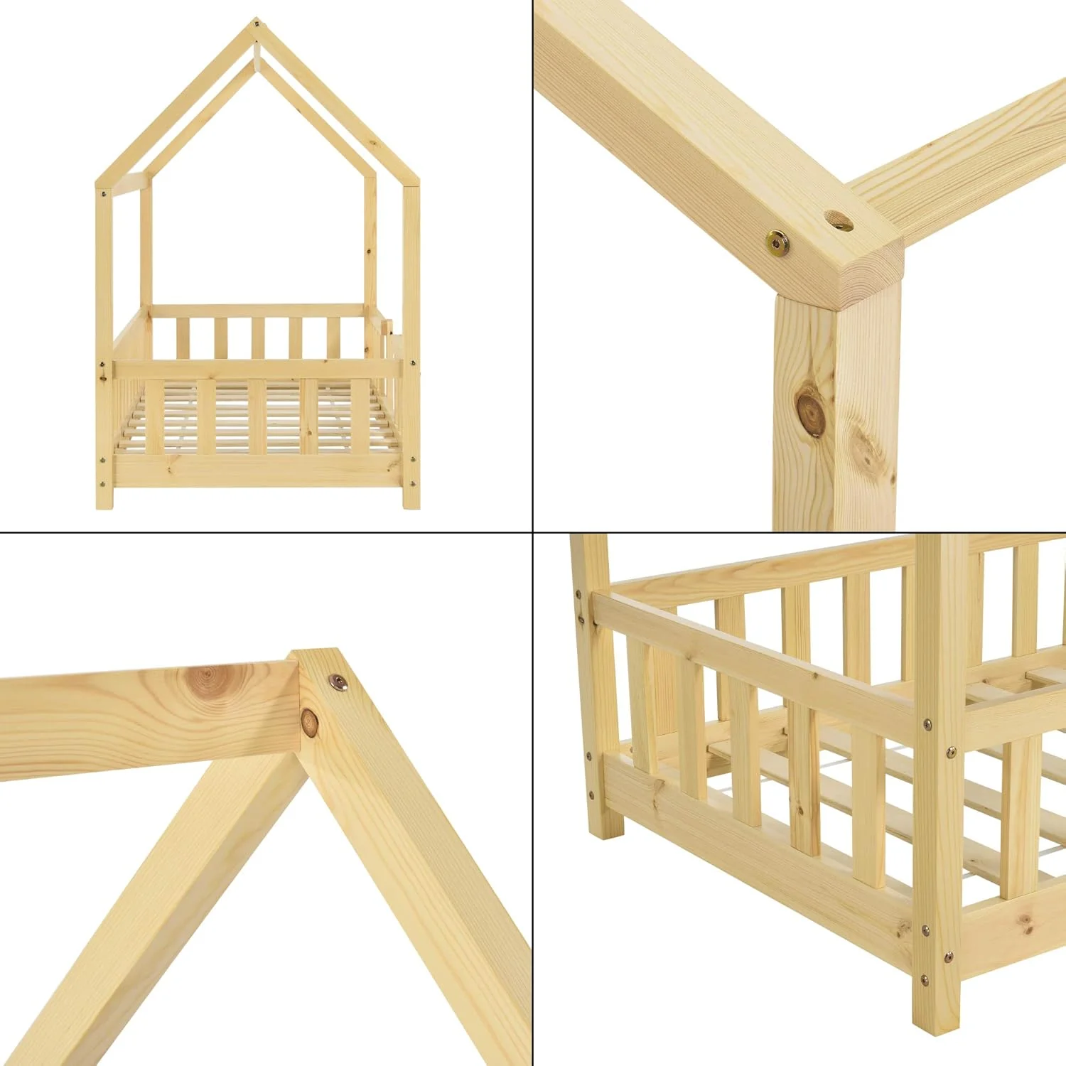 [en.casa] Letto per bambini Sisimiut a capanna 80 x 160 cm con protezione anticaduta letto in legno per bambini letto a terra rete a doghe in legno di pino Bianco opaco