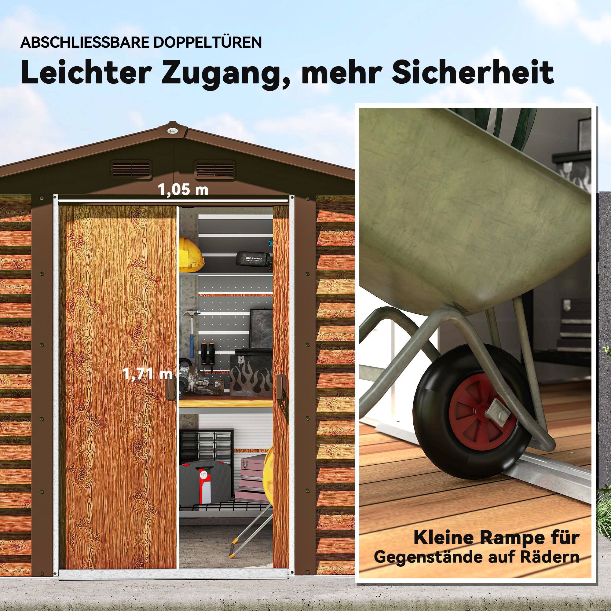 Outsunny Tuinschuur, gereedschapsschuur, tuinhuis met ramen, weerbestendig, houtlook, staal, 152 x 235,7 x 208,7 cm, Bruin