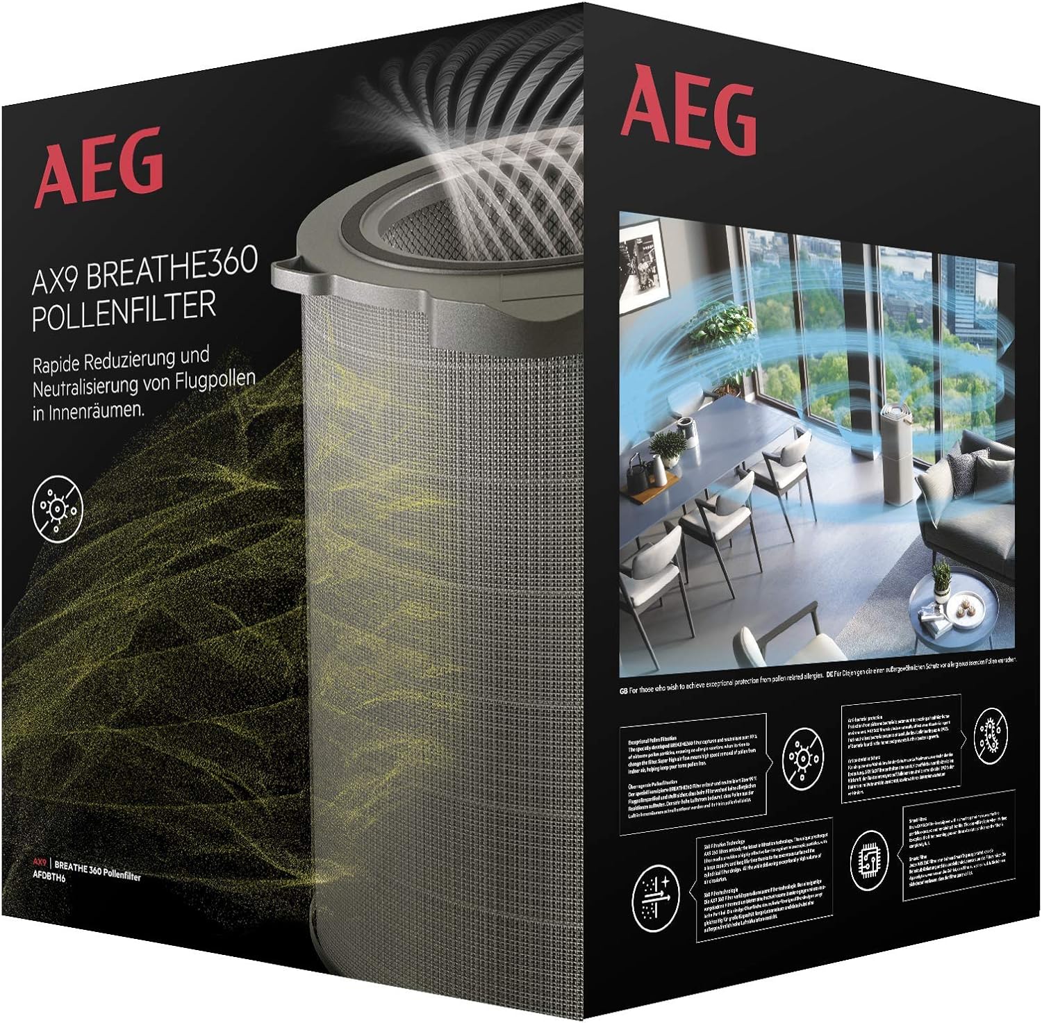 AEG AFDBTH6 Filter BREATHE360 (Passend für AX91-604DG & AX91-604GY Luftreiniger, reduziert 99% der Pollen und 99,9% der Bakterien, reine Luft, optimale Filtration, lange Lebensdauer, grau)