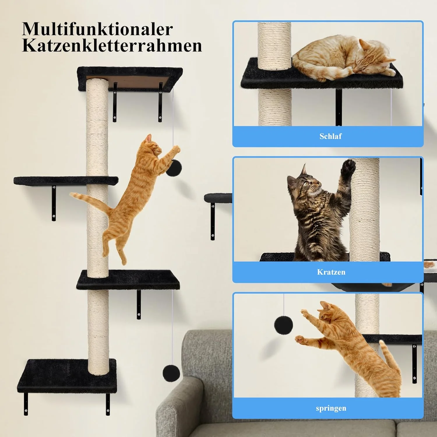 Zvonema Parete da arrampicata 10 pezzi-Amaca per gatti,Ponte sospeso con sisal antiscivolo,Tiragraffi con sisal,Riposo e mensola da parete da gioco con pallina,Parete da arrampicata per gatti fino a 10 kg