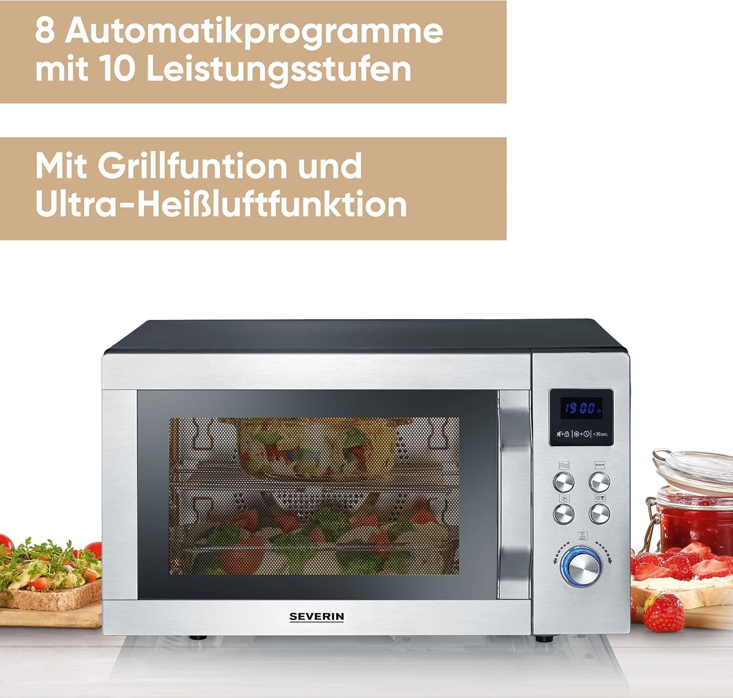 Severin 3-in-1 Mikrowelle mit Glasboden, Flatbed (flacher Hohlraum für große Speisen), Grill und Heißluftfunktion, Mikrowelle mit großer Nutzfläche für eckiges Geschirr, schwarz, Edelstahl, MW 7777