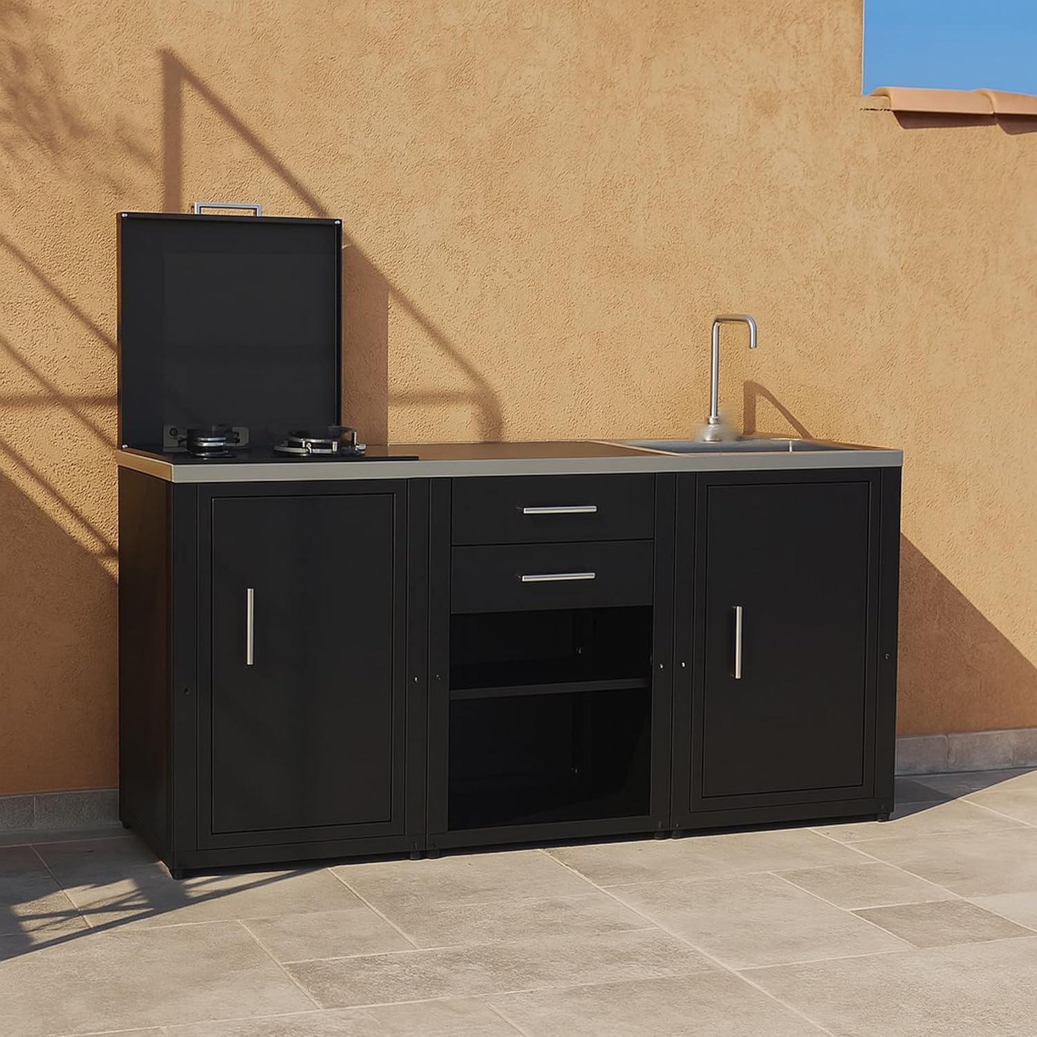 SOLEILUX Set cucina da esterno a gas 3 elementi con lavello, rubinetto e tagliere con 2 cassetti estraibili - struttura in acciaio e piano in acciaio inox - Nero