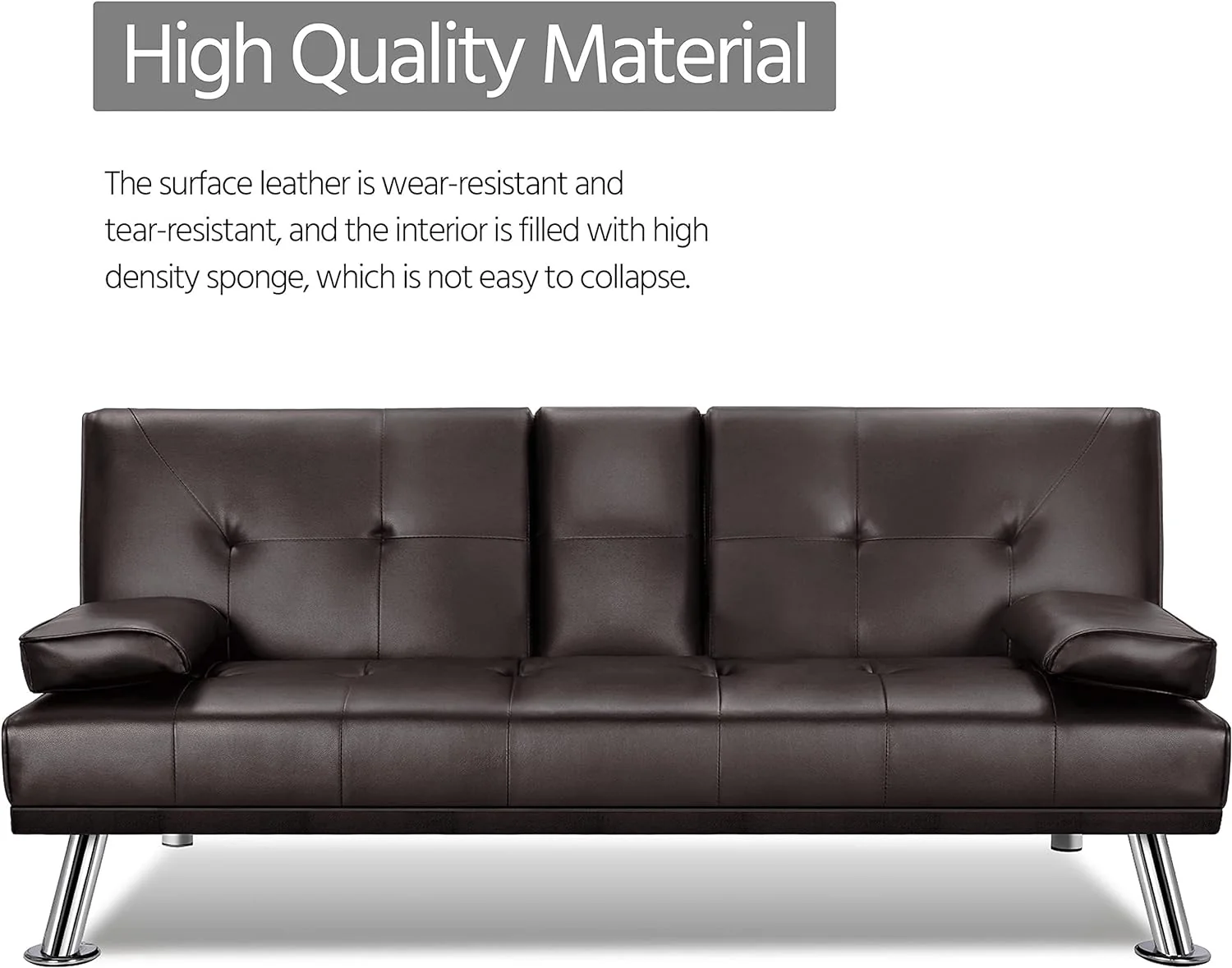 Yaheetech Convertible Sofa Bed Adjustable Couch Sleeper Modern Faux Leather Home Recliner Reversible Loveseat Folding Daybed Guest Bed, Removable Armrests, Cup Holders, 3 Angles, 772lb Capacity, Black