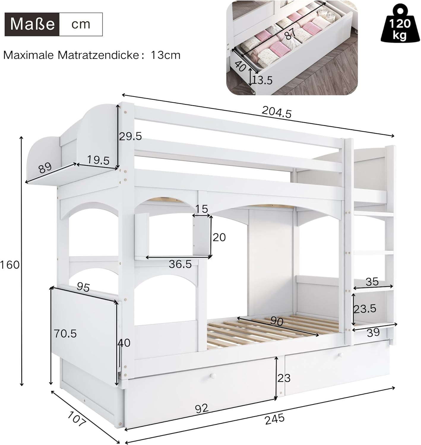 Kinderbett Etagenbett 2 Kinder 90x200 cm mit Klapp-Schreibtisch und Regal, Jugendbett Hochbett mit Rausfallschutz und 2 Schubladen, Holzbett Bettgestell mit Lattenrost, Weiß, Ohne Matratze