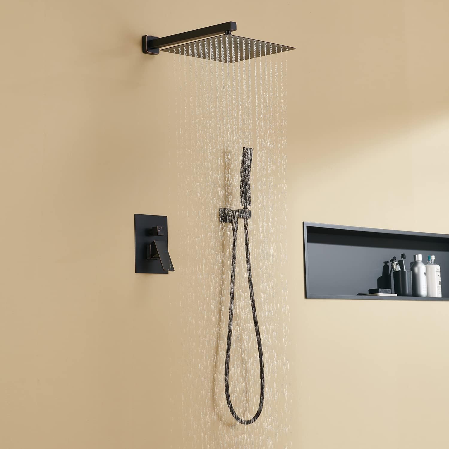 Rain Shower System 12 Inches Shower Combo Set Oil Rubbed Bronze Wall Mount Faucet Bathroom Faucets with Rainfall Shower Head and Hand Shower
