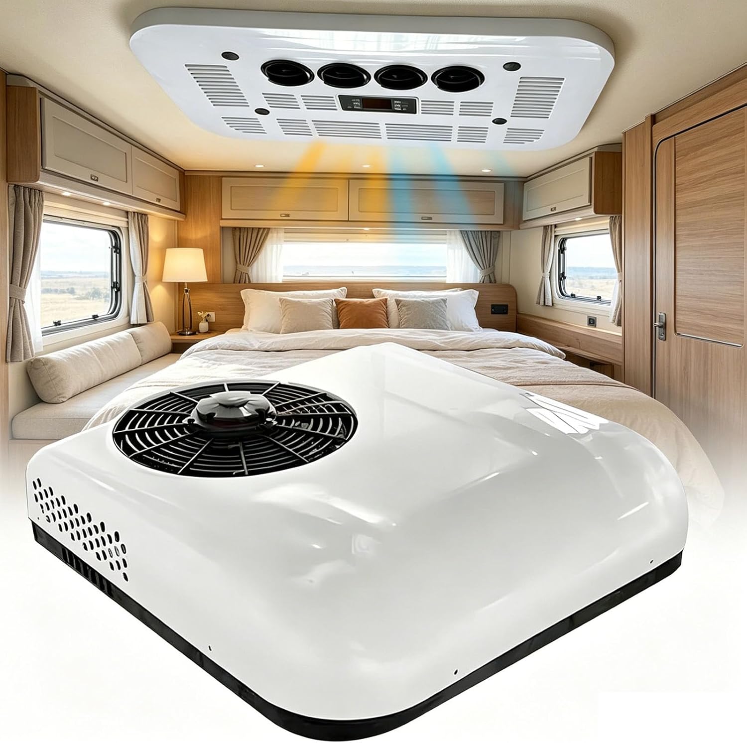 Wohnmobil Dachklimaanlage 12V/24V mit Fernbedienung, 2200W Klimaanlage für Camper Van, Kühlen & Heizen, Ultra Leise 20dB, Energiesparend, 360° Luftverteilung, unverzichtbar für Vanlife 12v