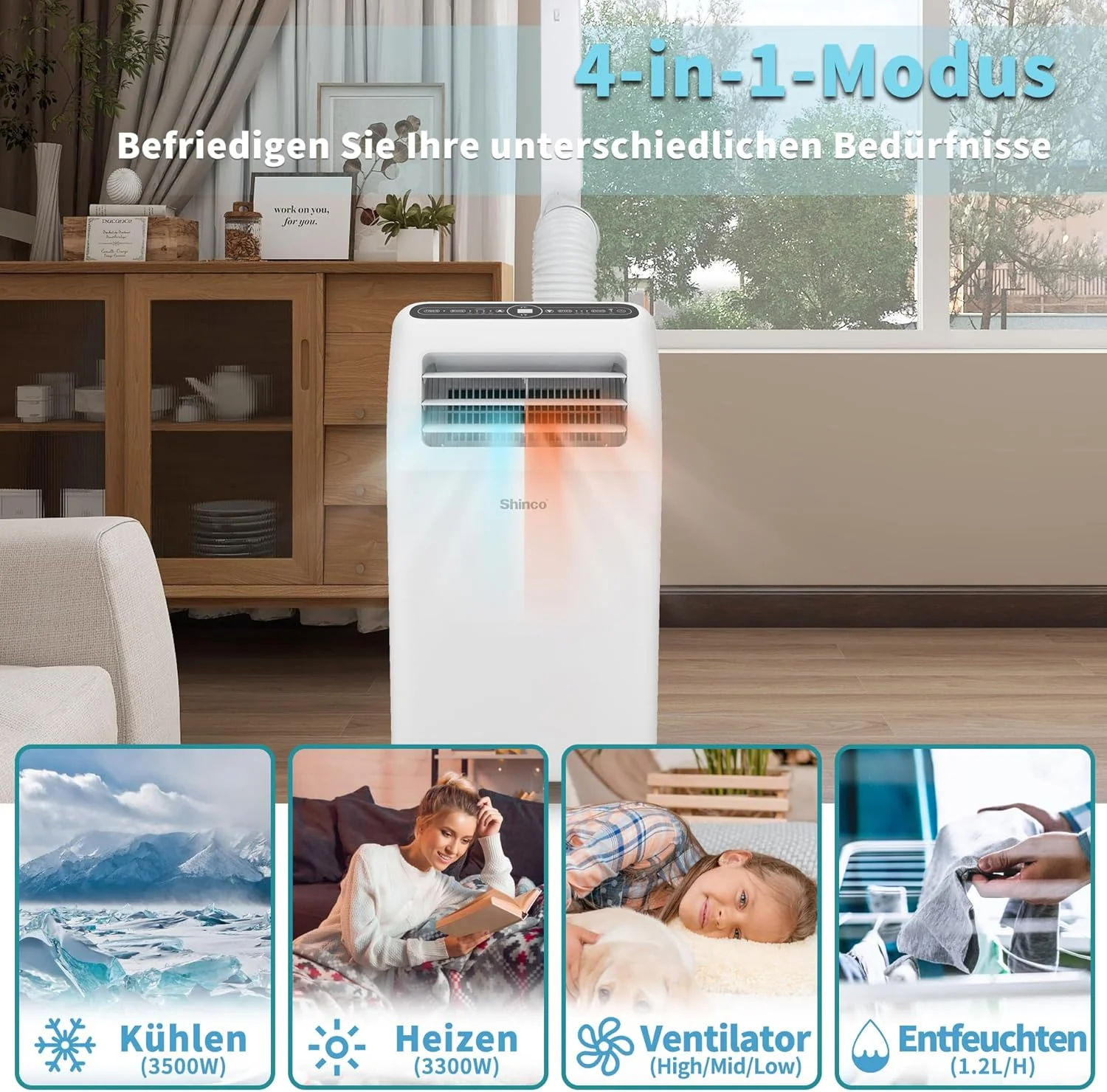 SHINCO Mobile Klimaanlage mit Abluftschlauch, 9000BTU, 2,6 kW, Kühlen&Ventilieren&Entfeuchten, Mobiles Klimagert mit Schlafmodus, Raumgre bis 22㎡, 24-Stunden-Timer