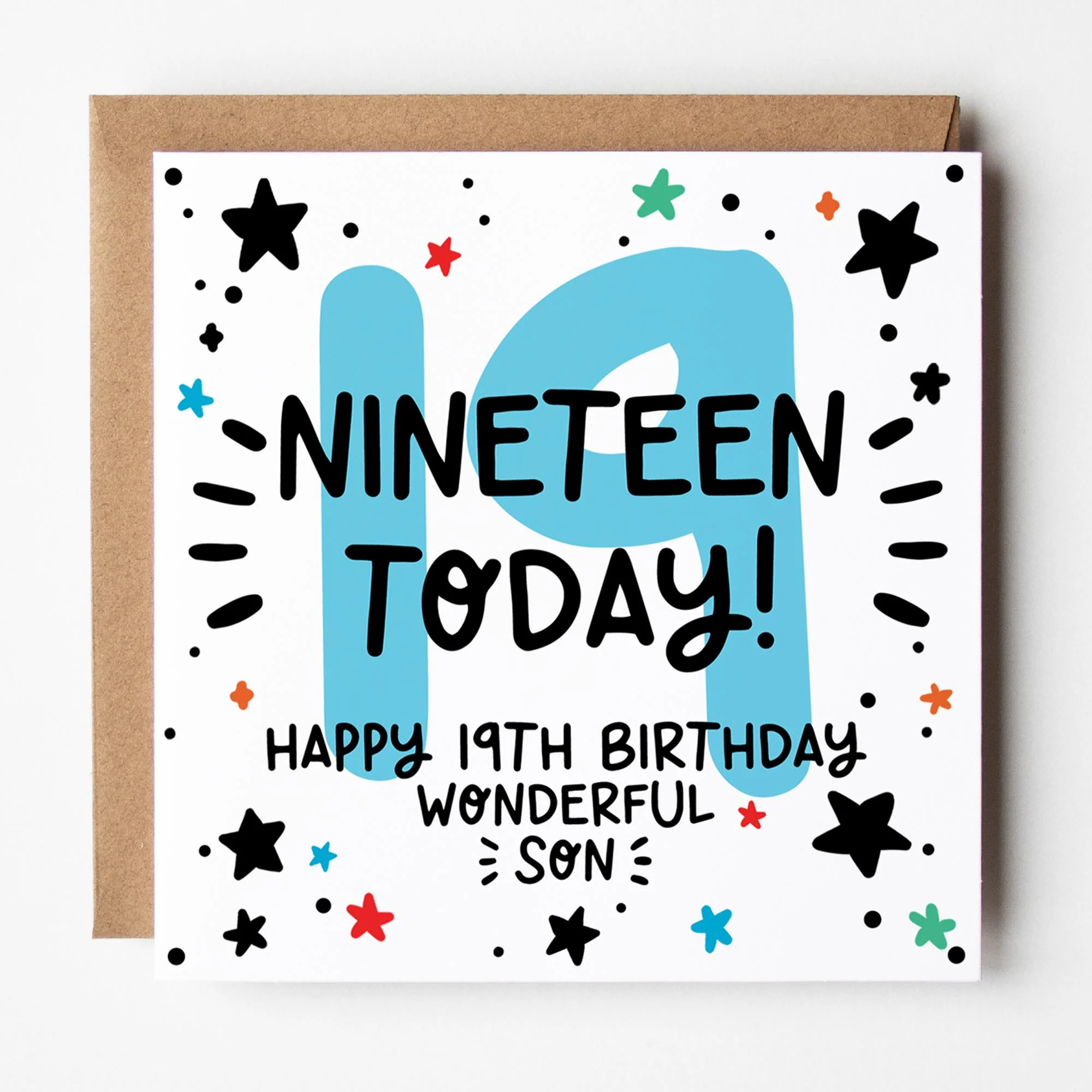Son 19th Birthday Card: Blue 19, Nineteen Today with Stars and Kraft Envelope