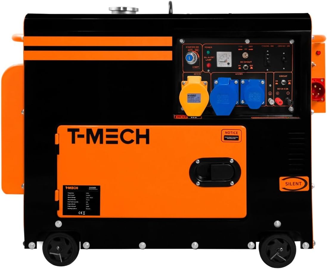 Generatore diesel silenzioso monofase ATS 230V 6kVA 6500W 13HP 115V/230V Avvio elettrico Telaio chiuso Potenza di emergenza 4 ruote Acciaio verniciato a polvere nera Capacità 20L Kit attrezzi e imbuto