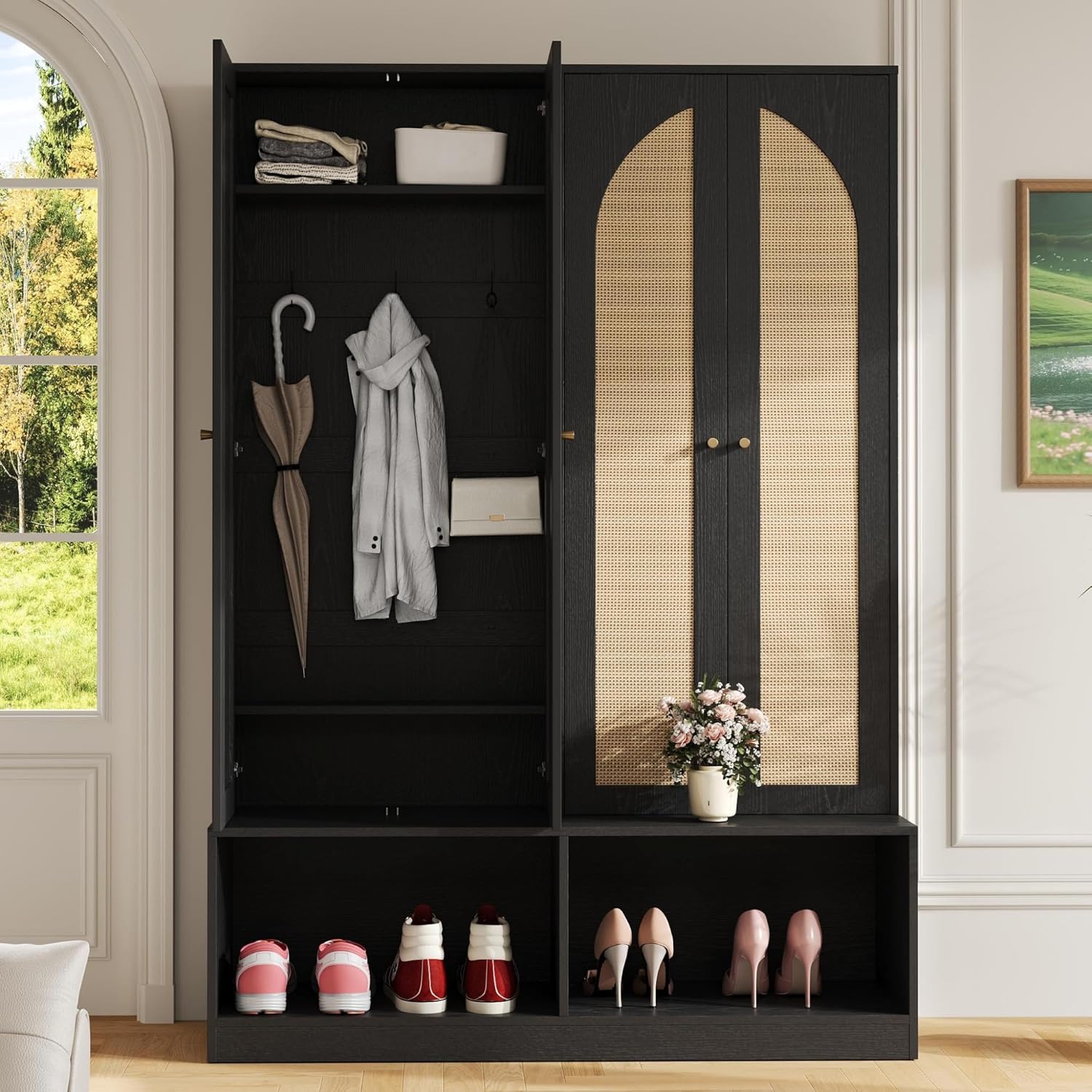 Farmhouse Widen Hall Tree with 4 Rattan Doors, Versatile 4-in-1 Seating Bench with 6 Hooks, Mid-Century Entryway Shoe Cabinet with Adjustable Shelf for Living Room (Black#55)