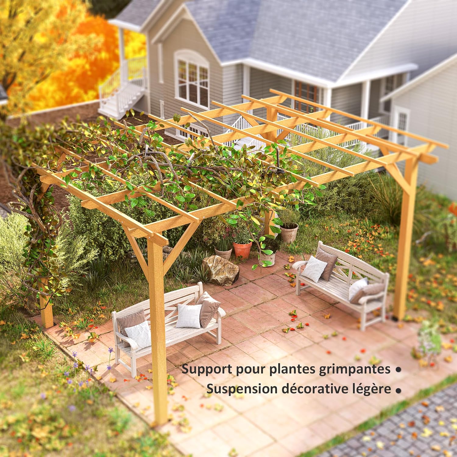 Outsunny Pergola Garten im Freien 3 x 4 m versenkbare Schiebepergola, Holzpergola, Gartenlaube für Kletterreben, Blumen, Rosen, Pergola für Terrasse, Patio, Naturholz