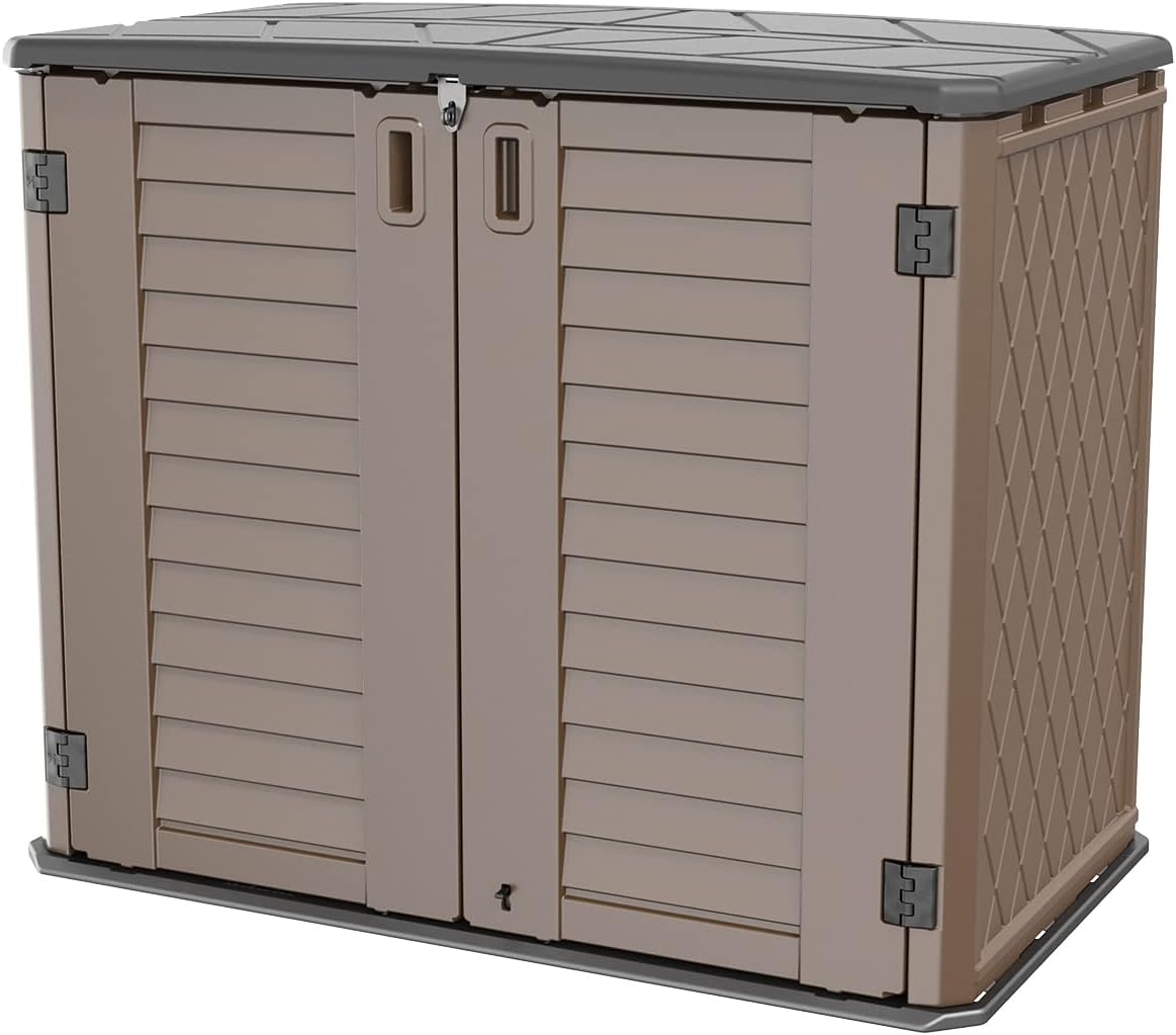 Horizontal Resin Storage Shed  34 Horizontal Cu.ft Outdoor Storage Cabinet Waterproof for Garden/Backyard/Home/Pool  Lockable(34 Cu.ft-Brown)