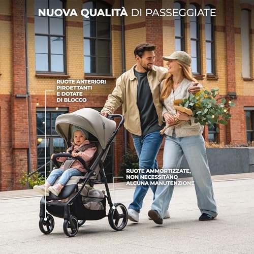 Kinderkraft TRIG 3 Passeggino Leggero, Pieghevole, Posizione Distesa, Posizione Reclinata, Sospensione 4 Ruote, Cinture di sicurezza a 5 punti, Bambini, Fino a 25 kg, Beige : Prima infanzia