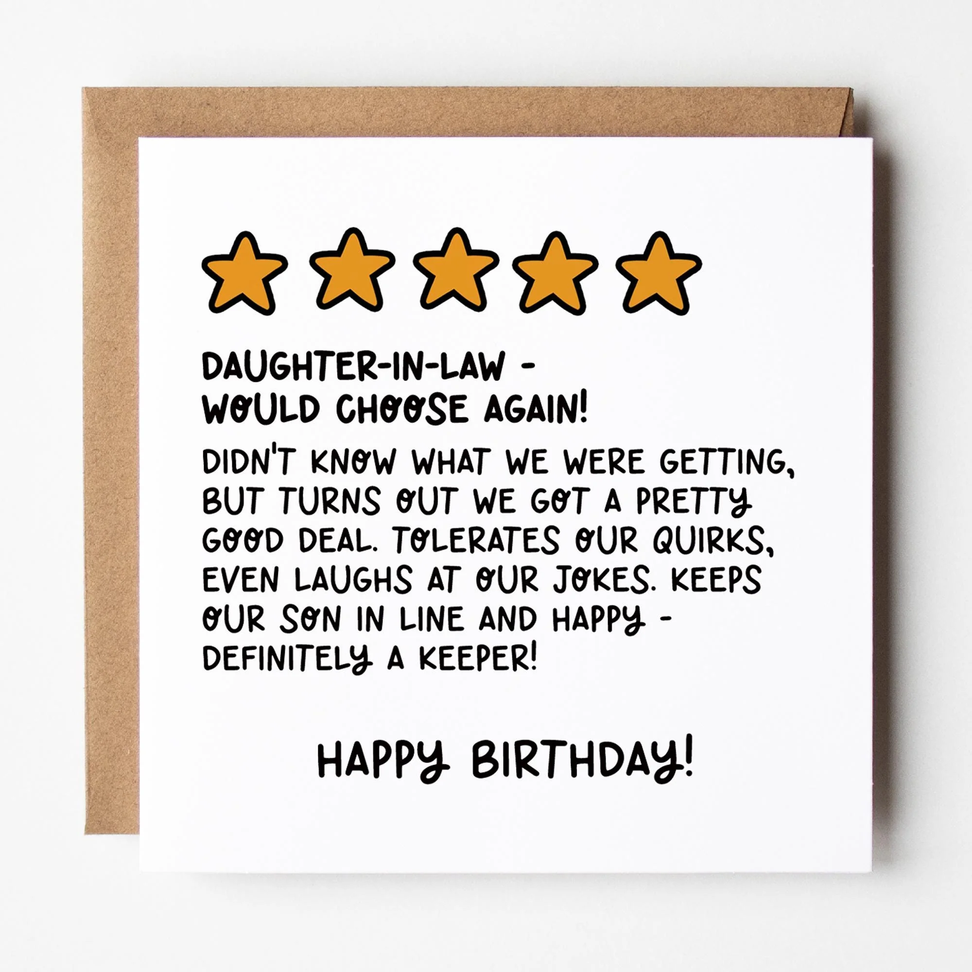 Daughter-in-Law Birthday Card: Funny, 5 Star Review with Kraft Envelope