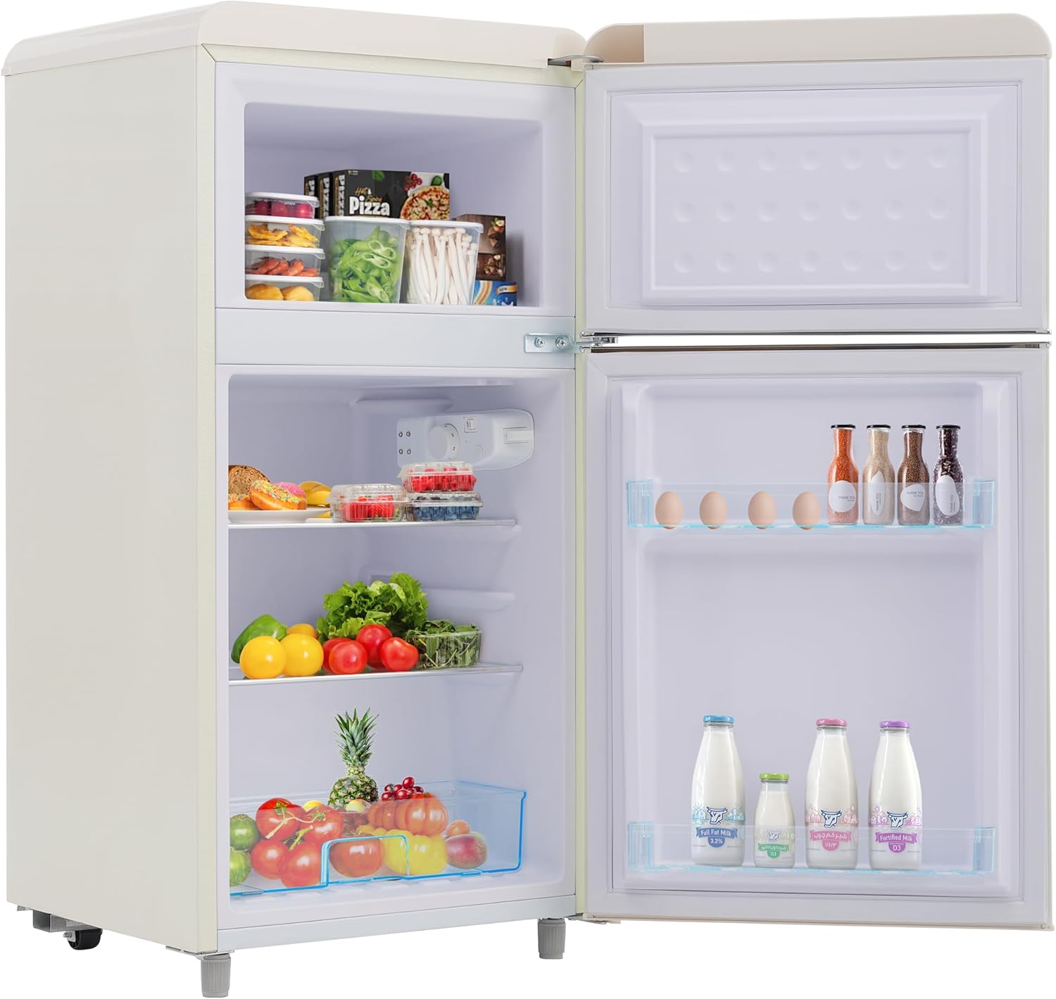 Merax Retro Kühlschrank, Doppeltür, 72L Gesamtvolumen, 21L Gefrierfach, Energieklasse E, 120 kWh/Jahr, LED-Beleuchtung, 3 verstellbare Einlegeböden Weiß
