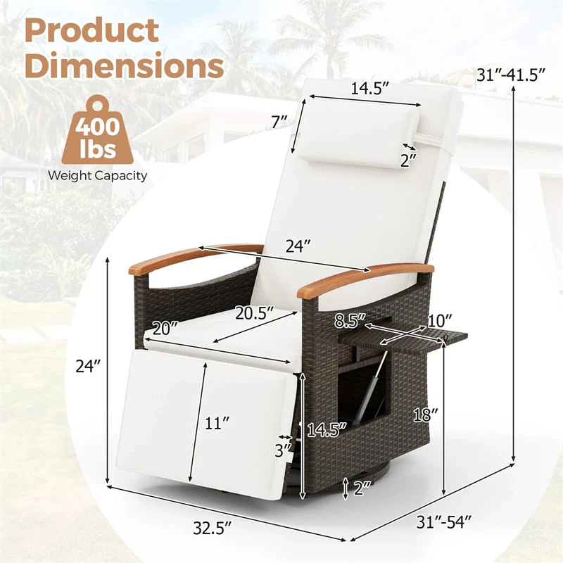 Outdoor Rattan 360° Swivel Recliner Chair, Patio Wicker Chaise Lounge Chair with Adjustable Backrest & Footrest, Flip Side Table & Cushions