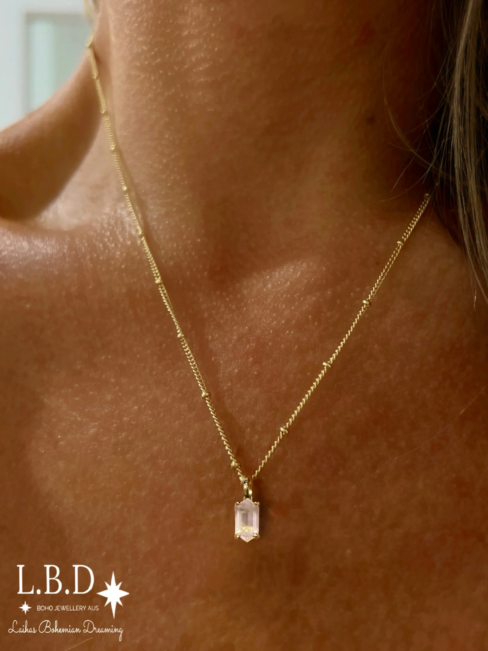 Laihas Mini Hex Crystal Gold Rose Quartz Necklace